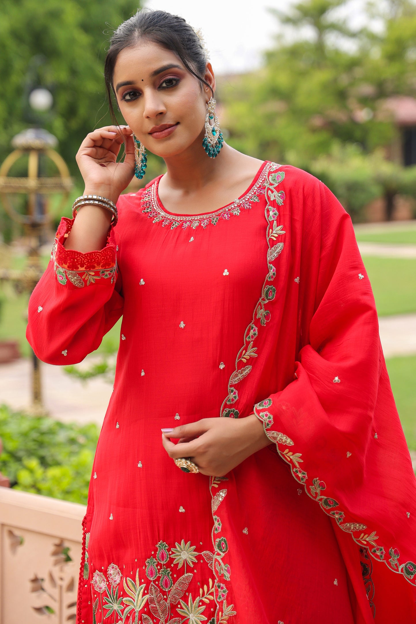 Giraffe Embroidered Red 3-Pcs Suit Set
