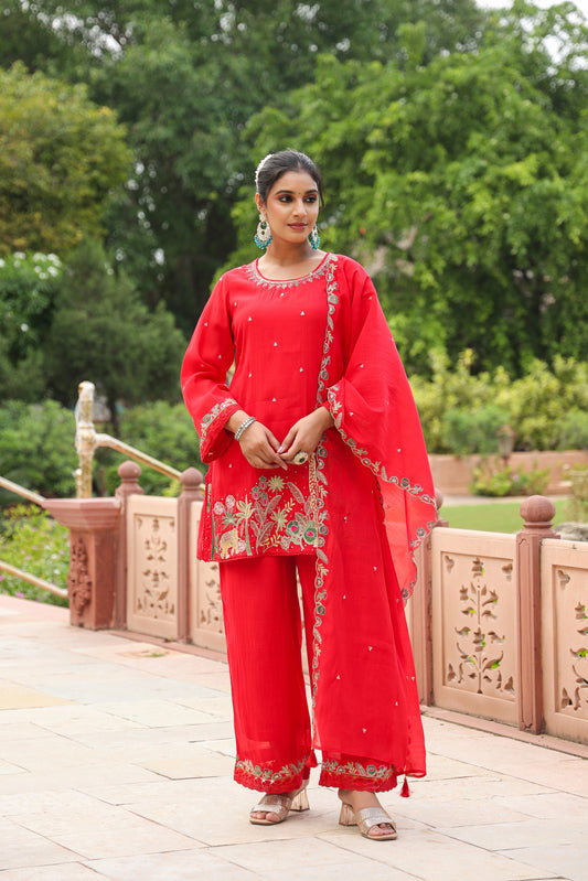 Giraffe Embroidered Red 3-Pcs Suit Set