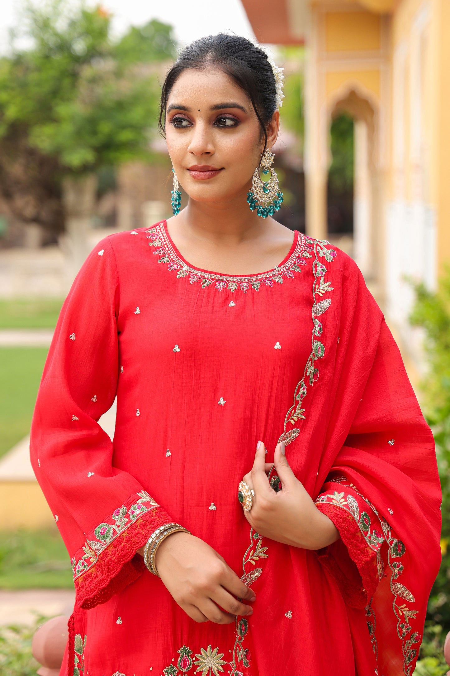 Giraffe Embroidered Red 3-Pcs Suit Set