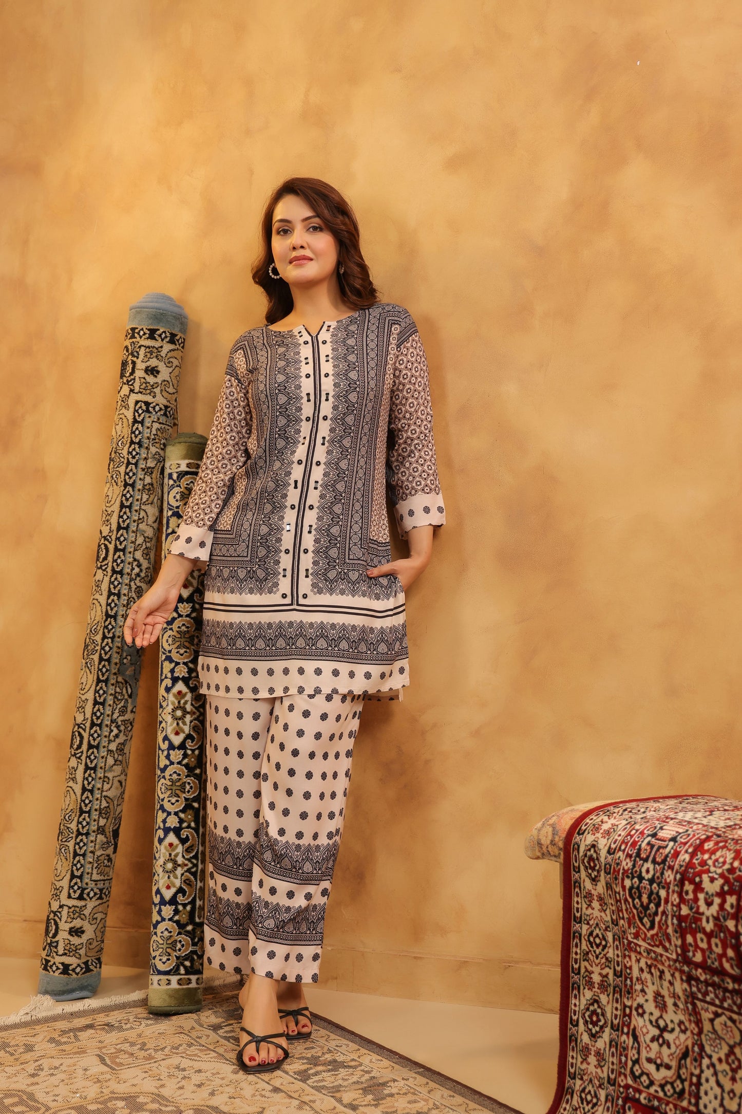 Grey-White Mirror-Work Co-ord Set