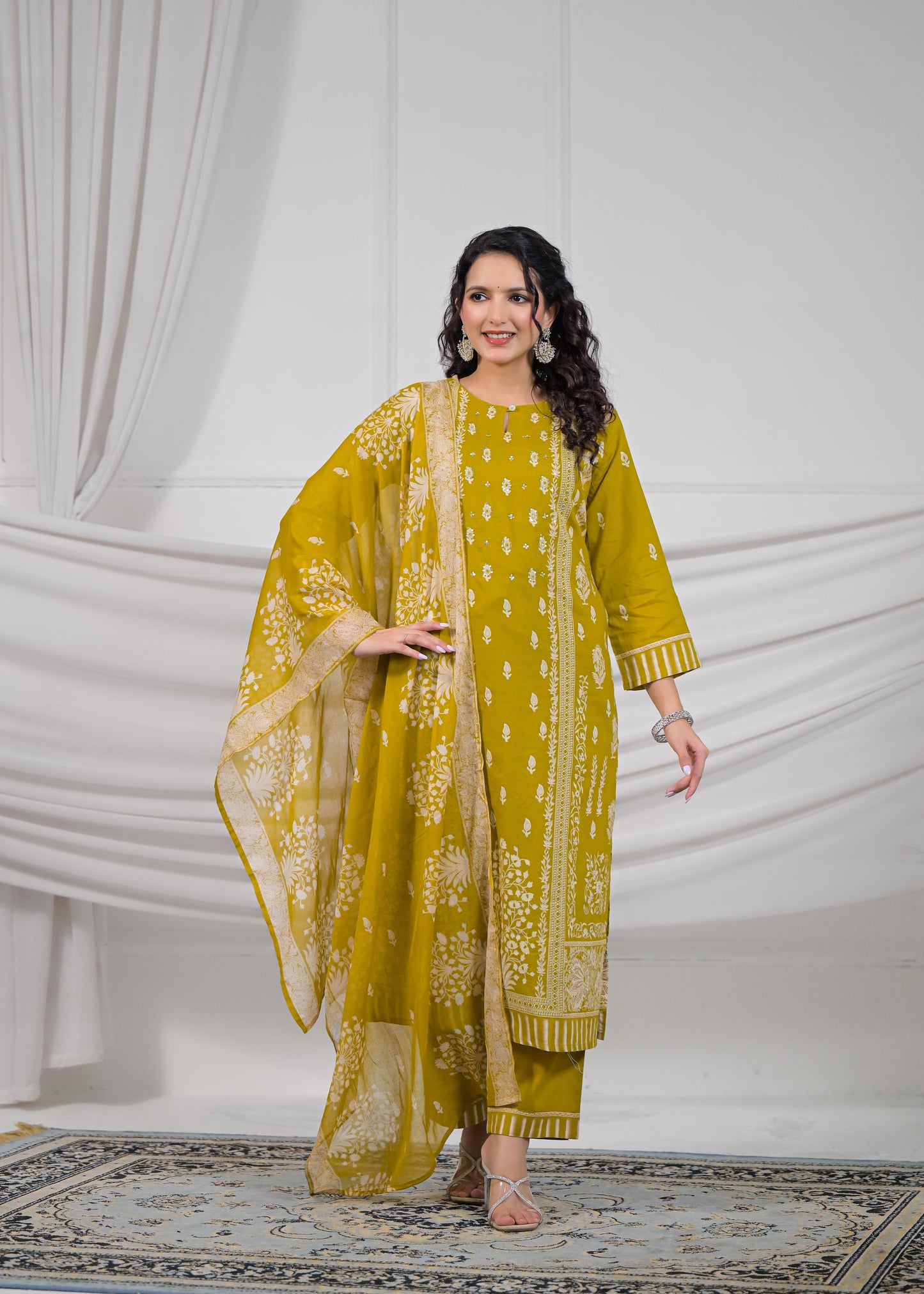 Musk Green Handwork Cotton 3-Piece Suit Set