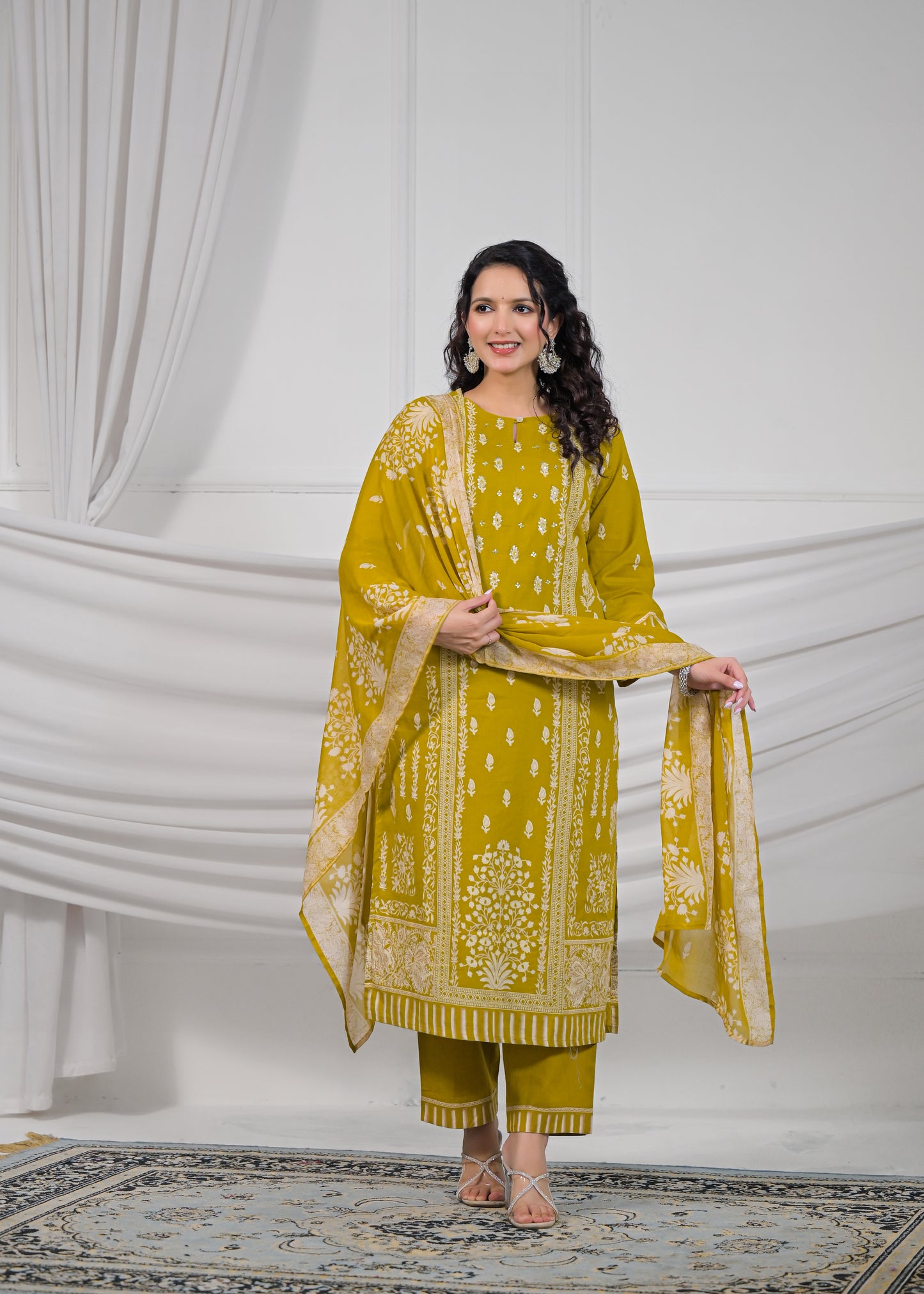 Musk Green Handwork Cotton 3-Piece Suit Set