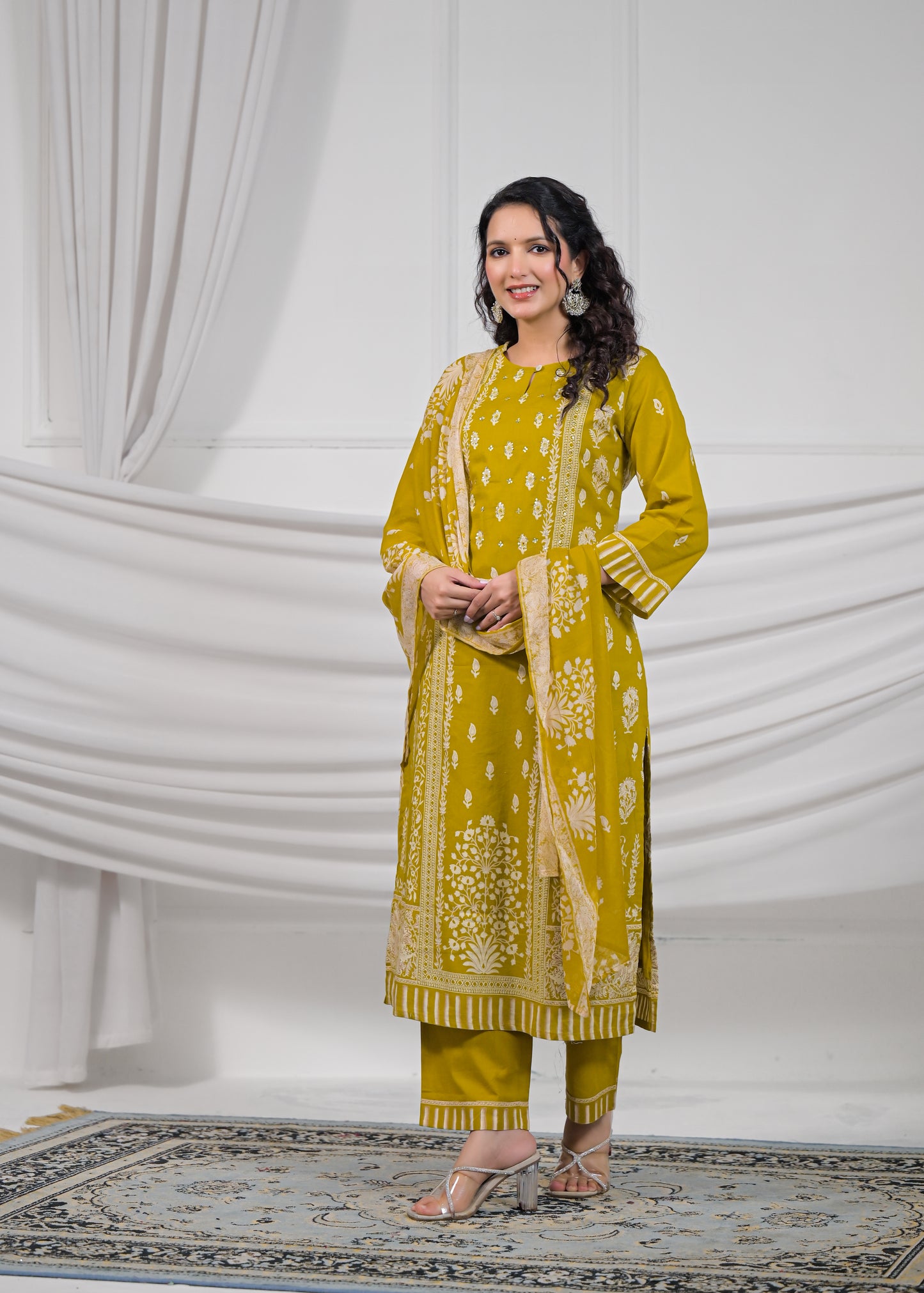 Musk Green Handwork Cotton 3-Piece Suit Set