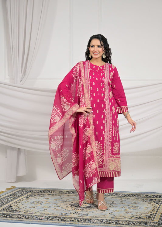 Rose Pink Handwork Cotton 3-Piece Suit Set