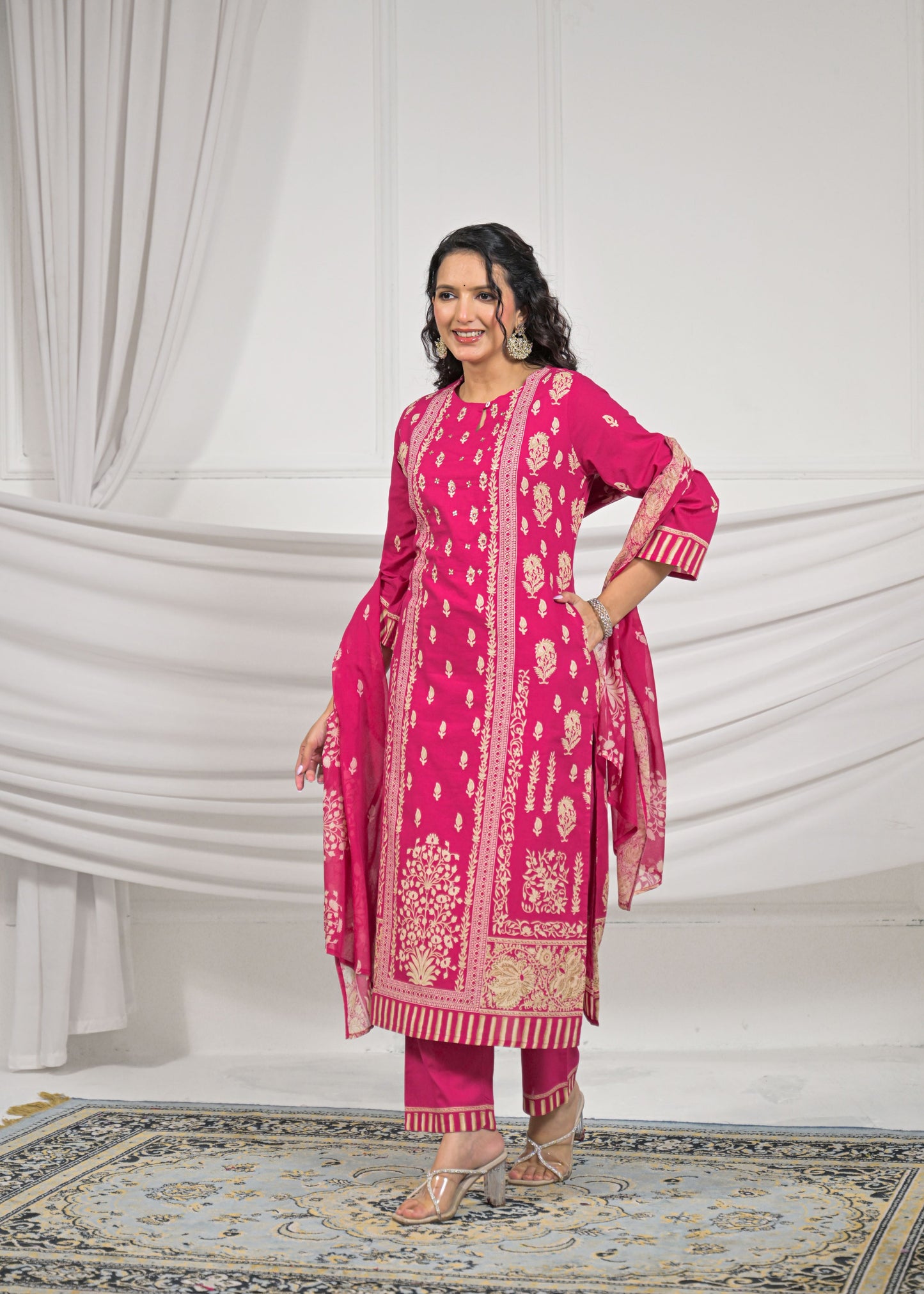 Rose Pink Handwork Cotton 3-Piece Suit Set