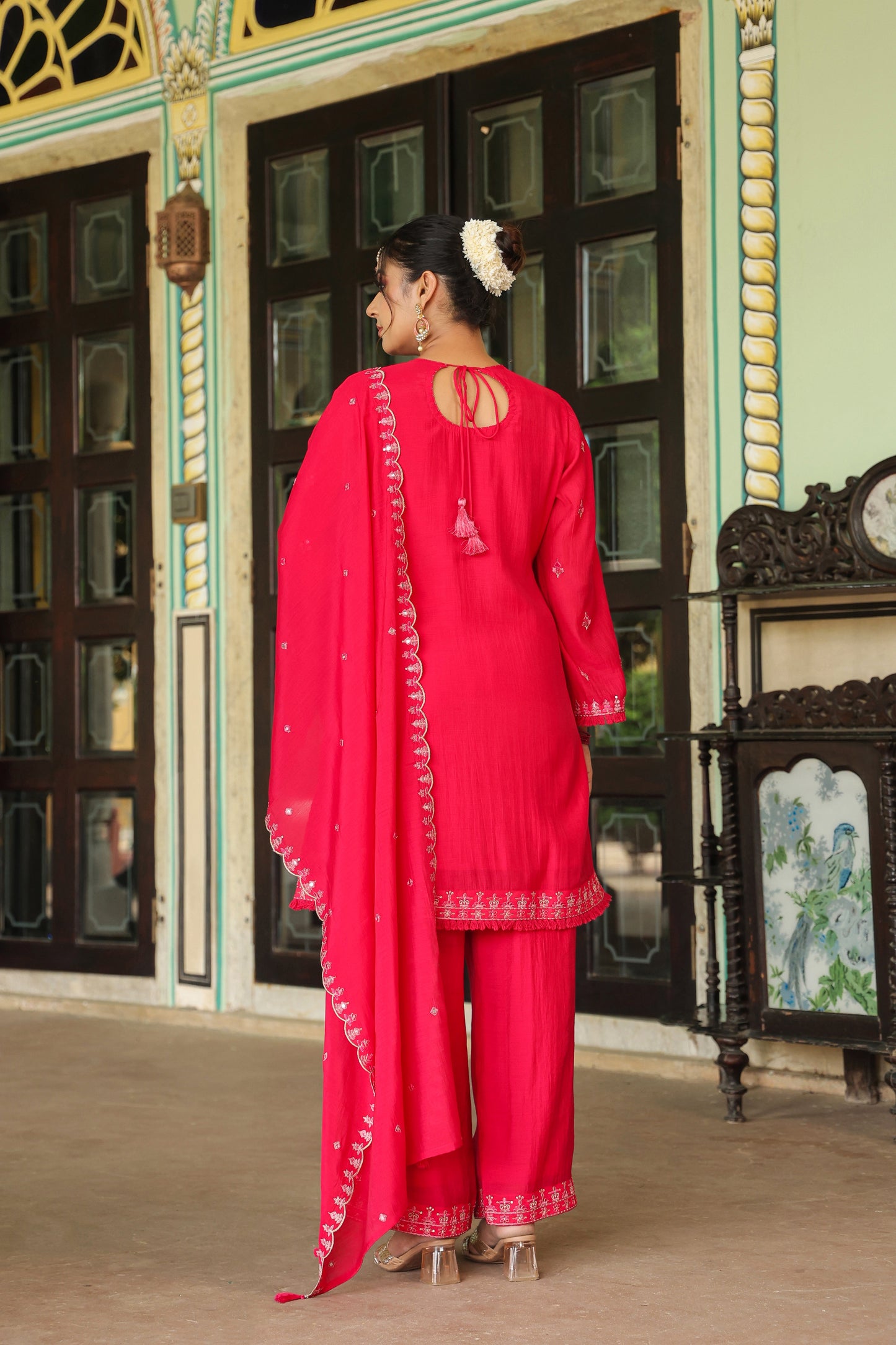 Fuchsia Pink Embroidered 3-Pcs Suit Set
