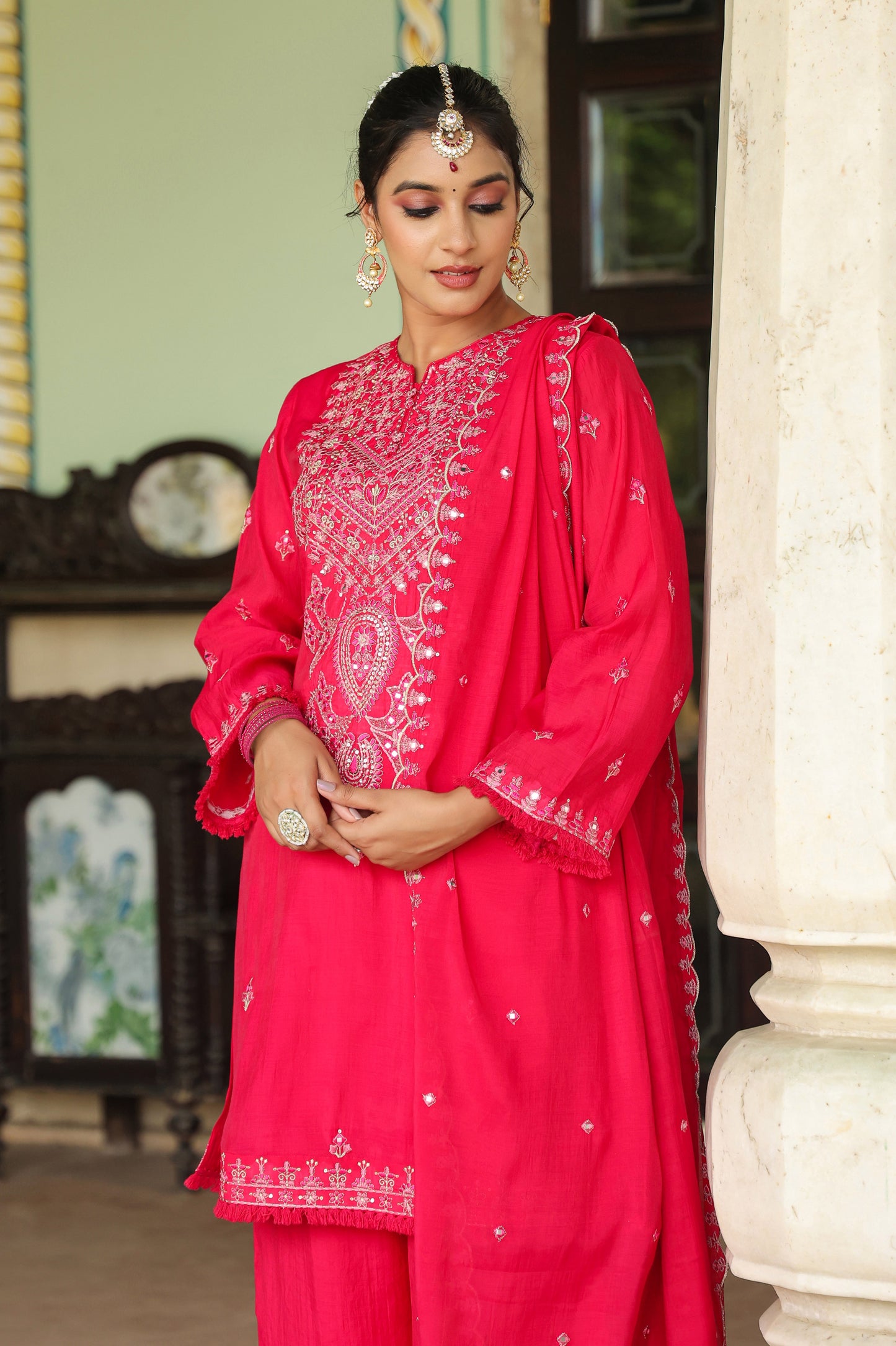 Fuchsia Pink Embroidered 3-Pcs Suit Set