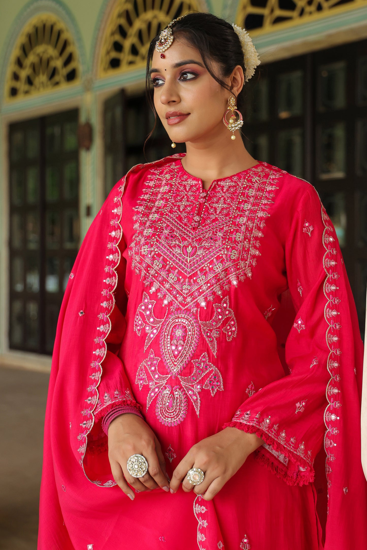 Fuchsia Pink Embroidered 3-Pcs Suit Set