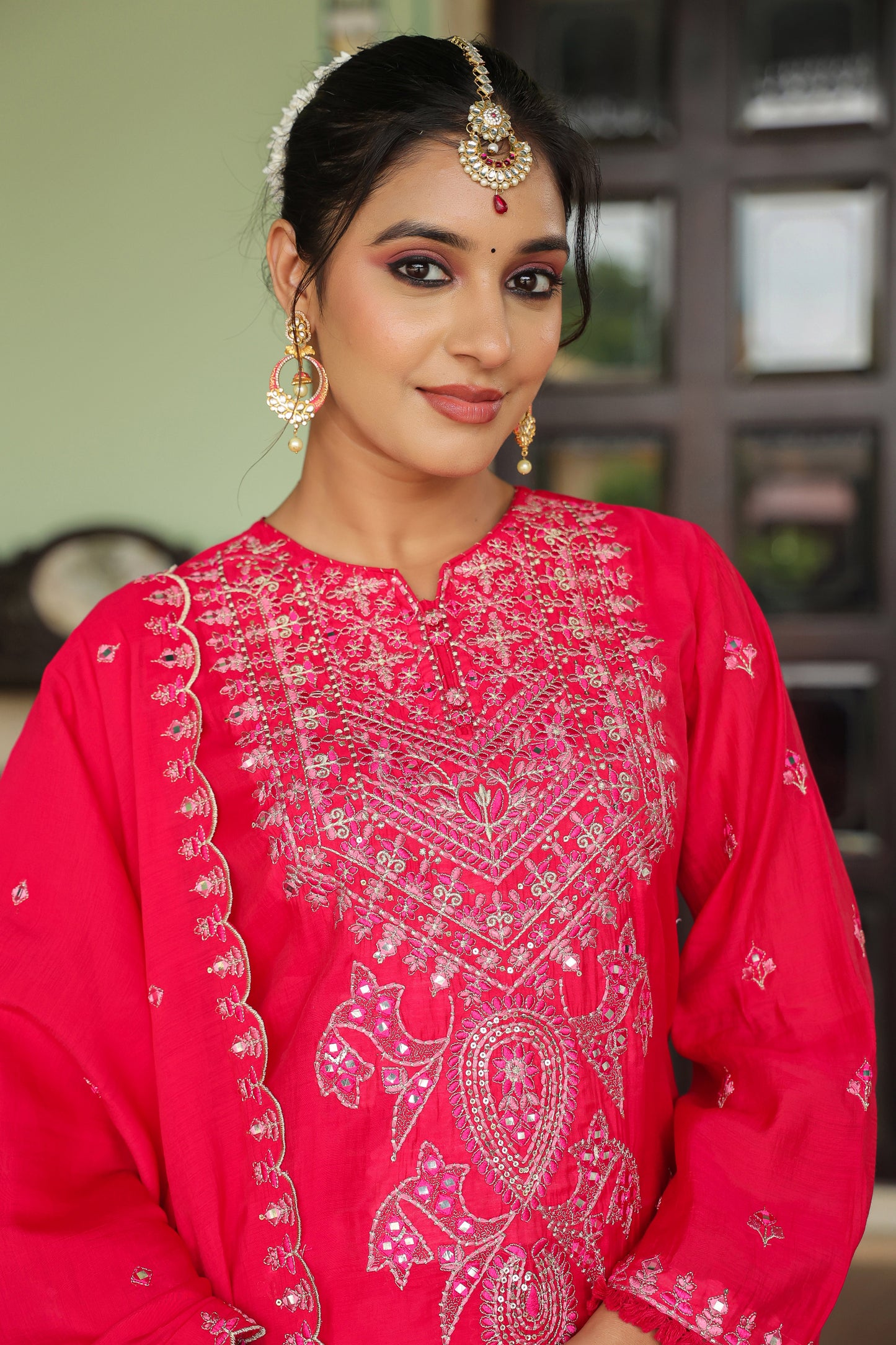 Fuchsia Pink Embroidered 3-Pcs Suit Set
