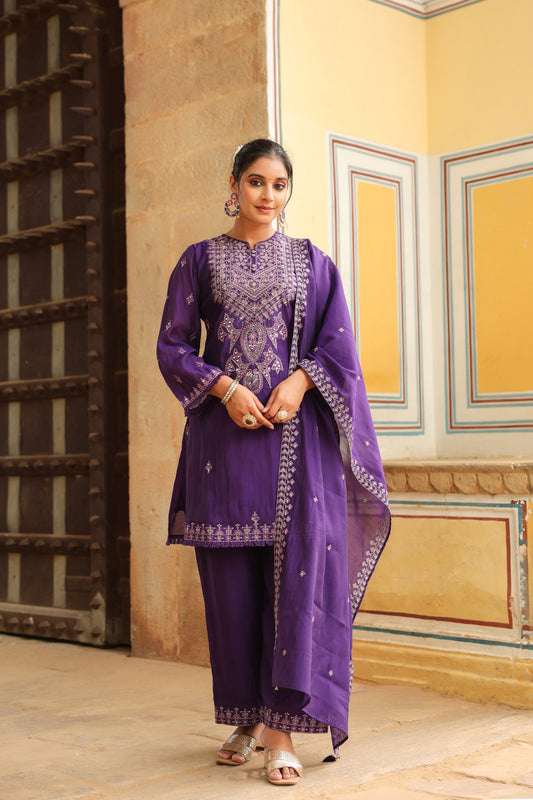 Cadbury Purple Embroidered 3-Pcs Suit Set