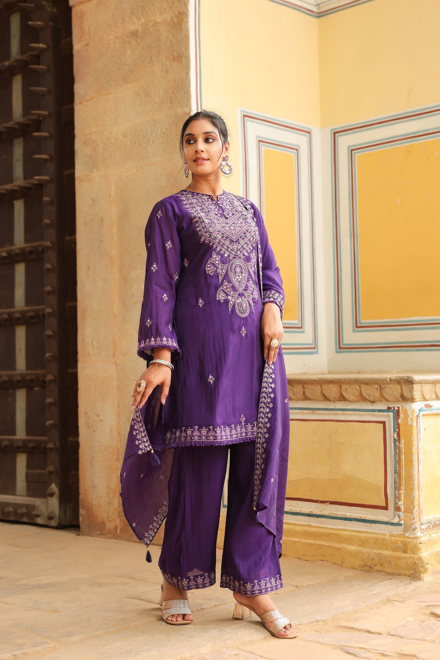 Cadbury Purple Embroidered 3-Pcs Suit Set