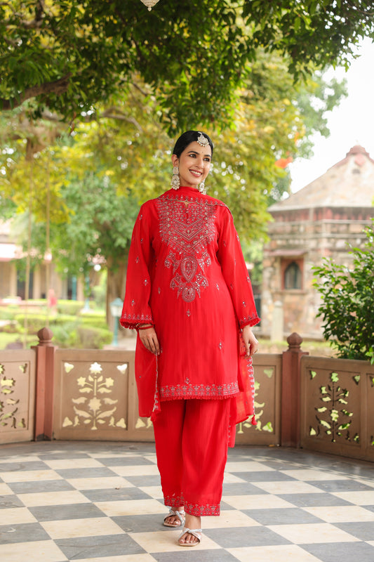 Scarlett Red Embroidery 3-Pcs Suit Set