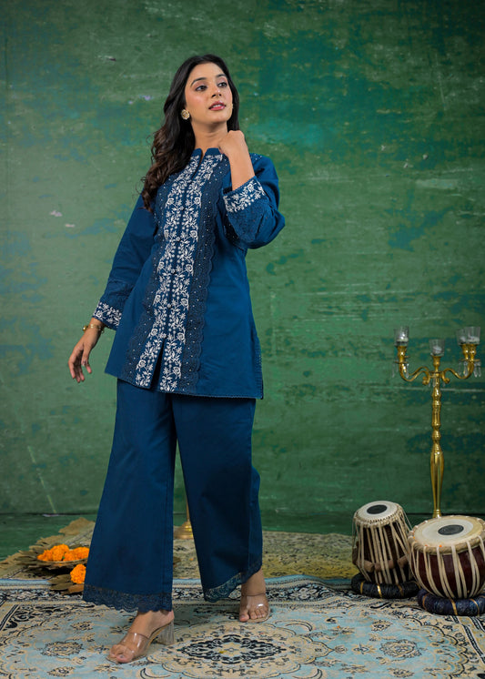 Azure Blue Schiffli Handwork Co-ord Set