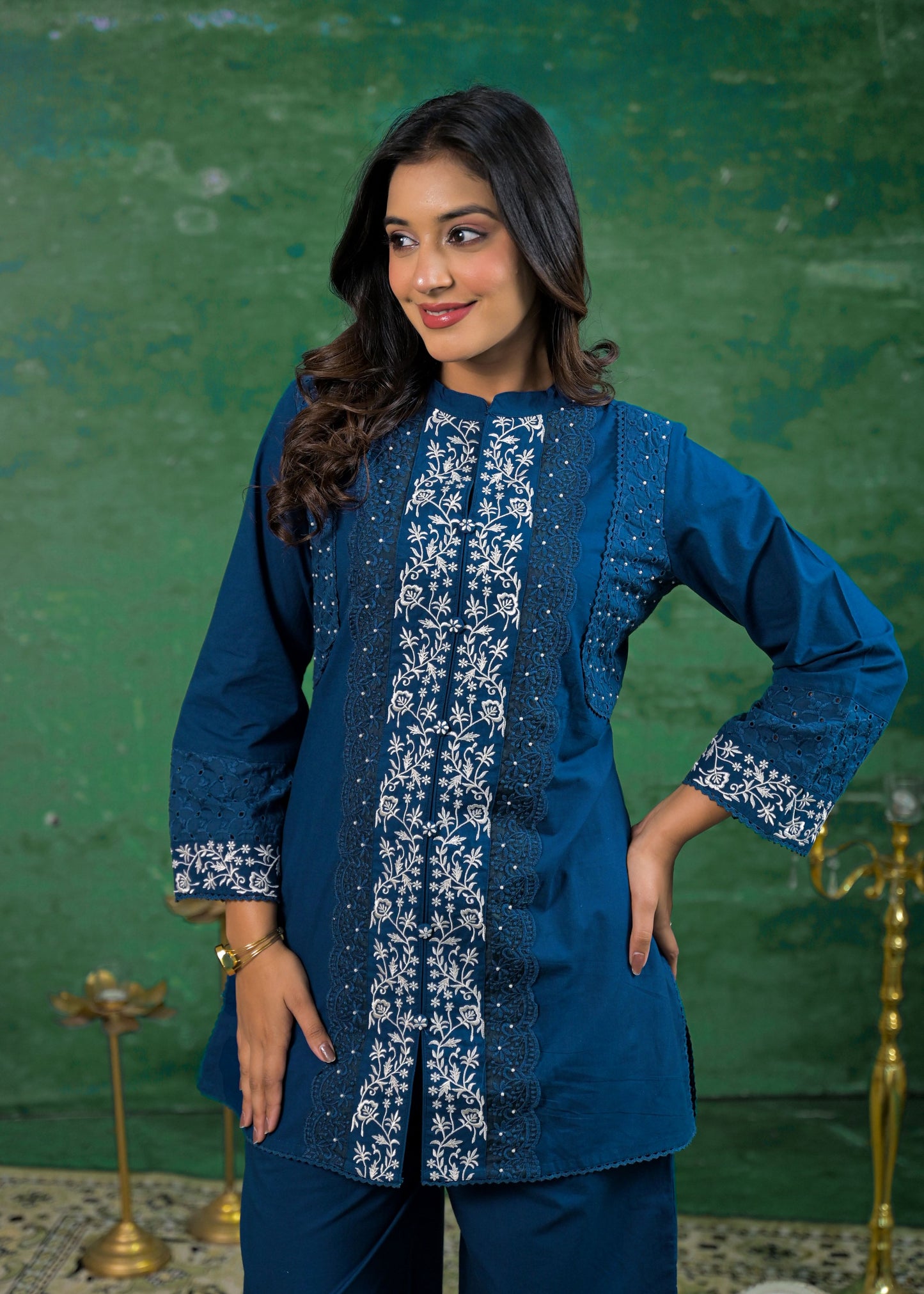 Azure Blue Schiffli Handwork Co-ord Set