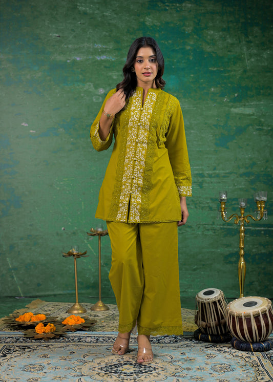 Pine Green Schiffli Handwork Co-ord Set