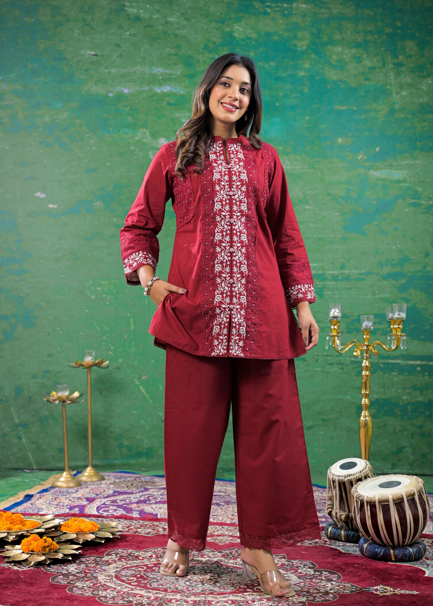 Deep Maroon Schiffli Handwork Co-ord Set
