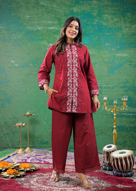 Deep Maroon Schiffli Handwork Co-ord Set