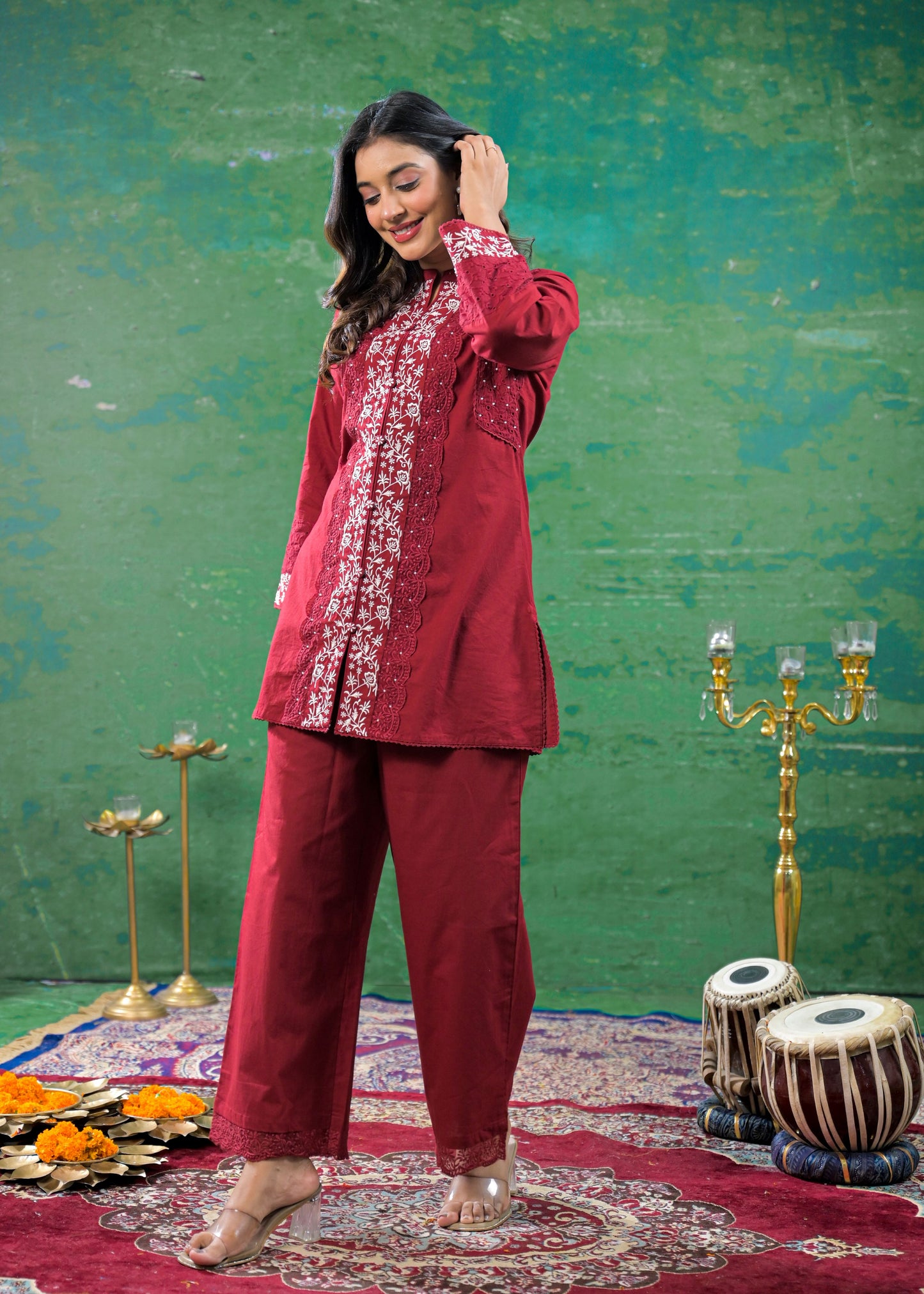 Deep Maroon Schiffli Handwork Co-ord Set