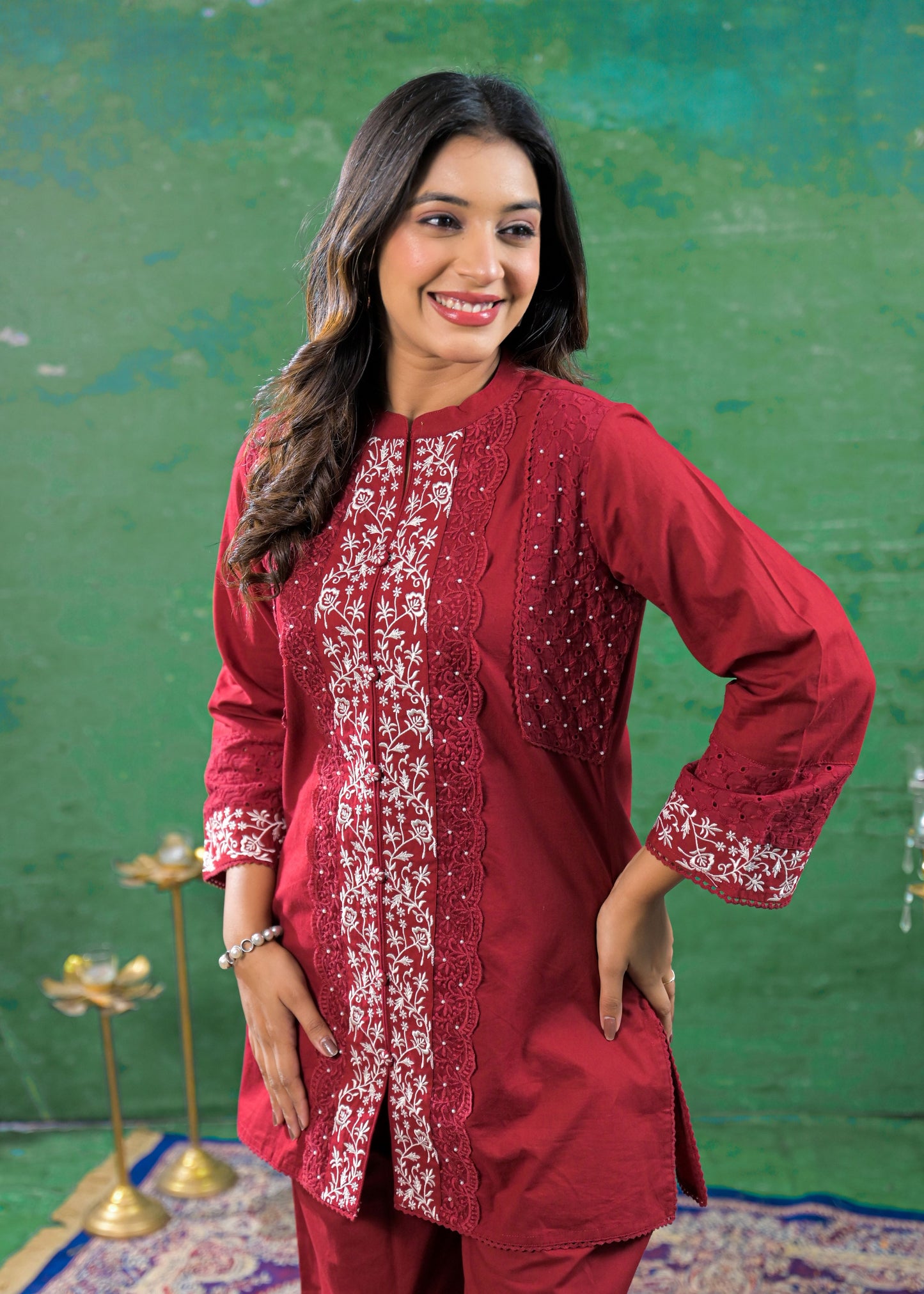 Deep Maroon Schiffli Handwork Co-ord Set