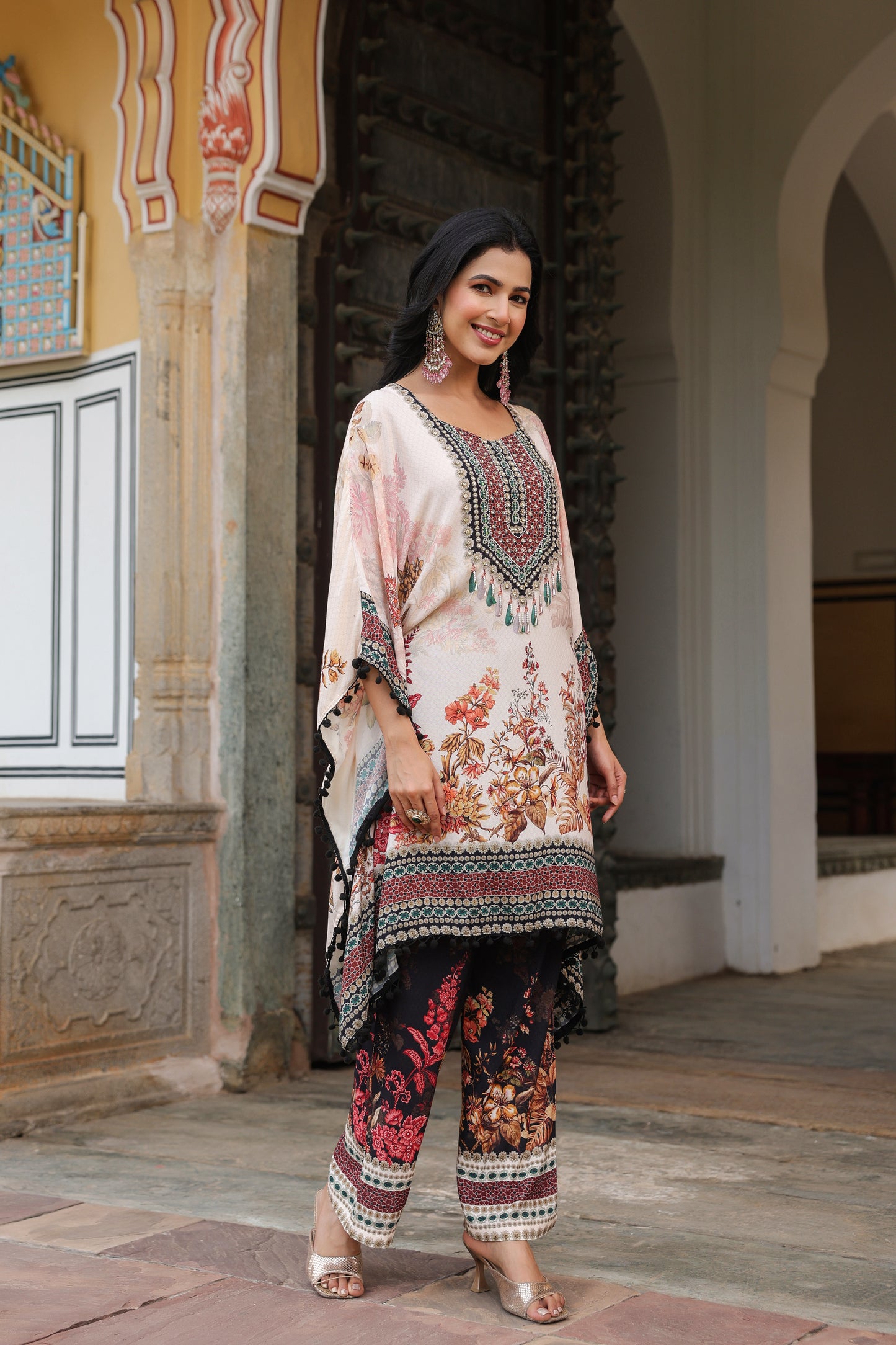 White Floral Digital Handwork Kaftan Set