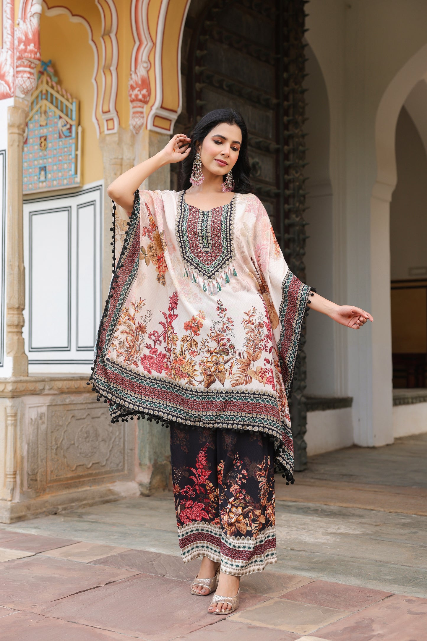 White Floral Digital Handwork Kaftan Set