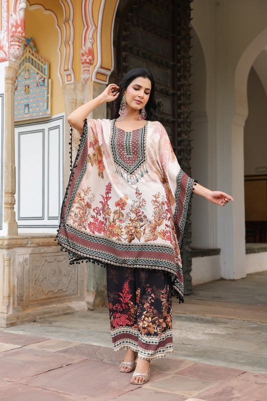 White Floral Digital Handwork Kaftan Set
