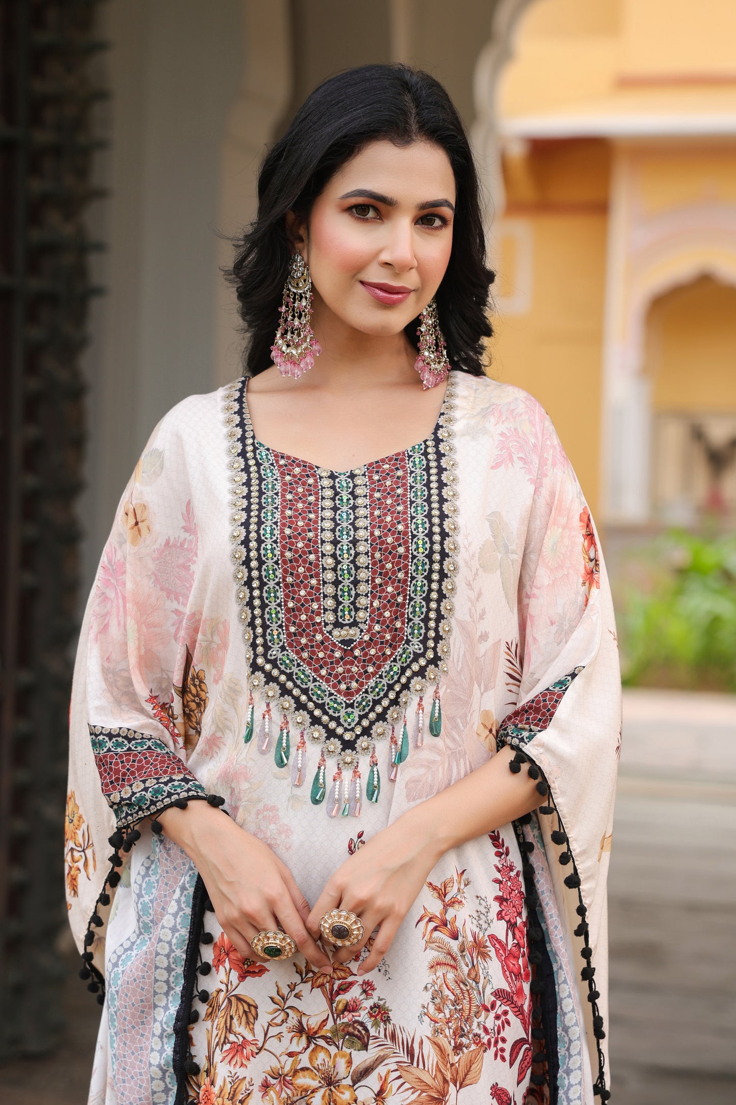 White Floral Digital Handwork Kaftan Set