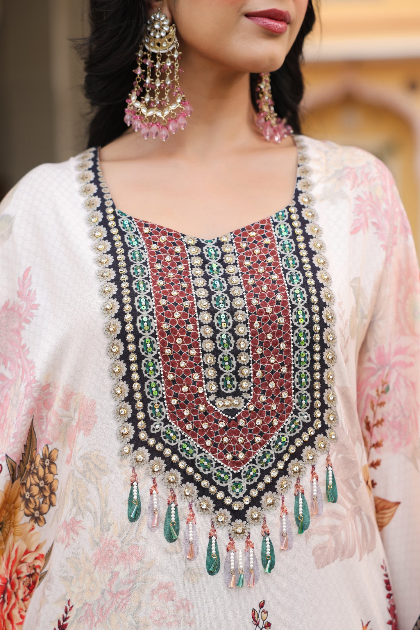 White Floral Digital Handwork Kaftan Set