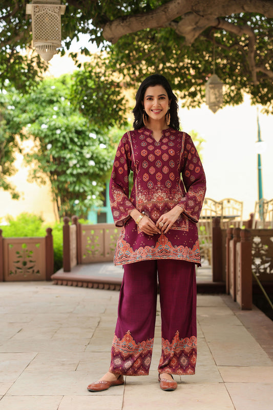 Deep Maroon Digital Print Handwork Co-ord Set