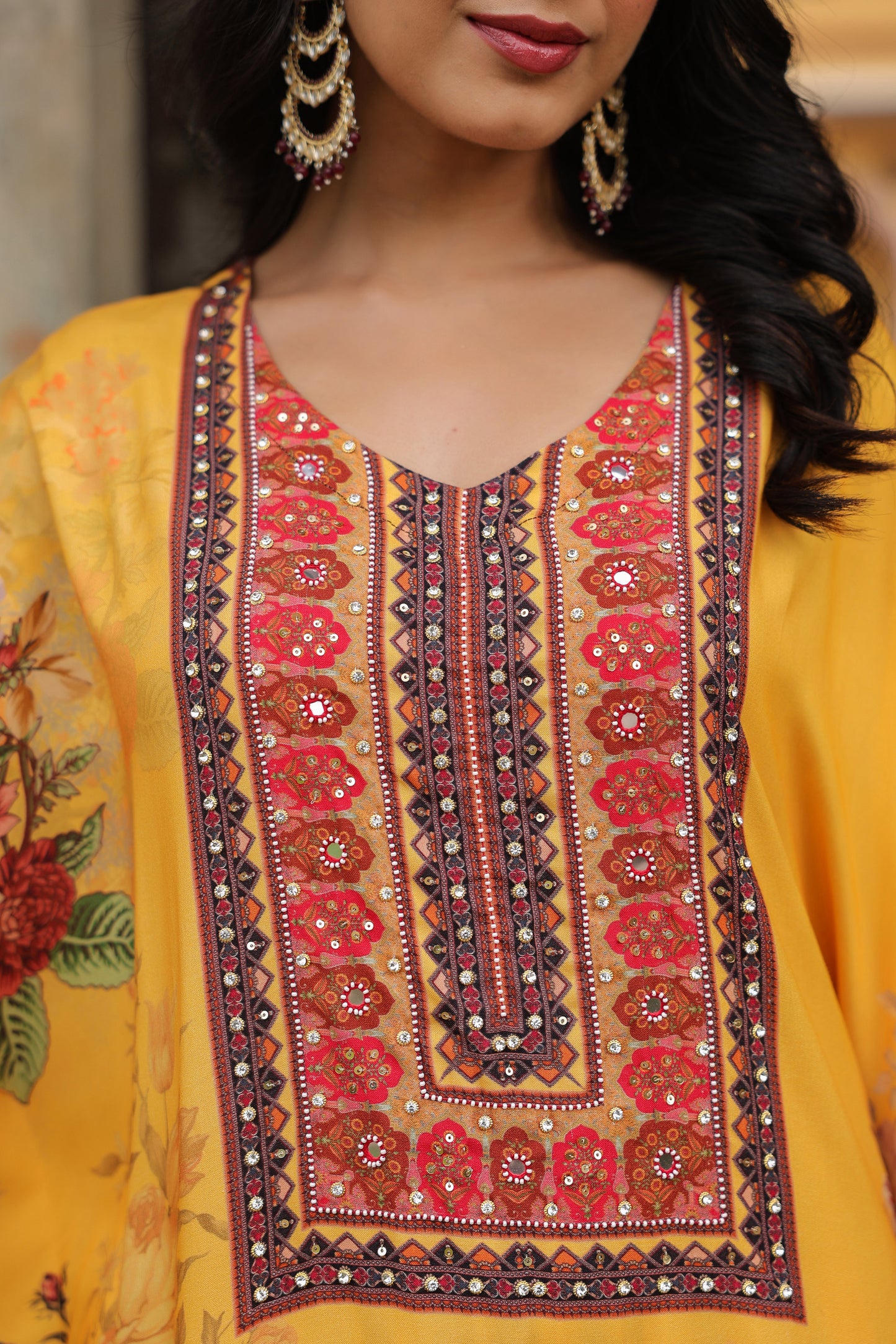 Yellow Floral Handwork Kaftan Set