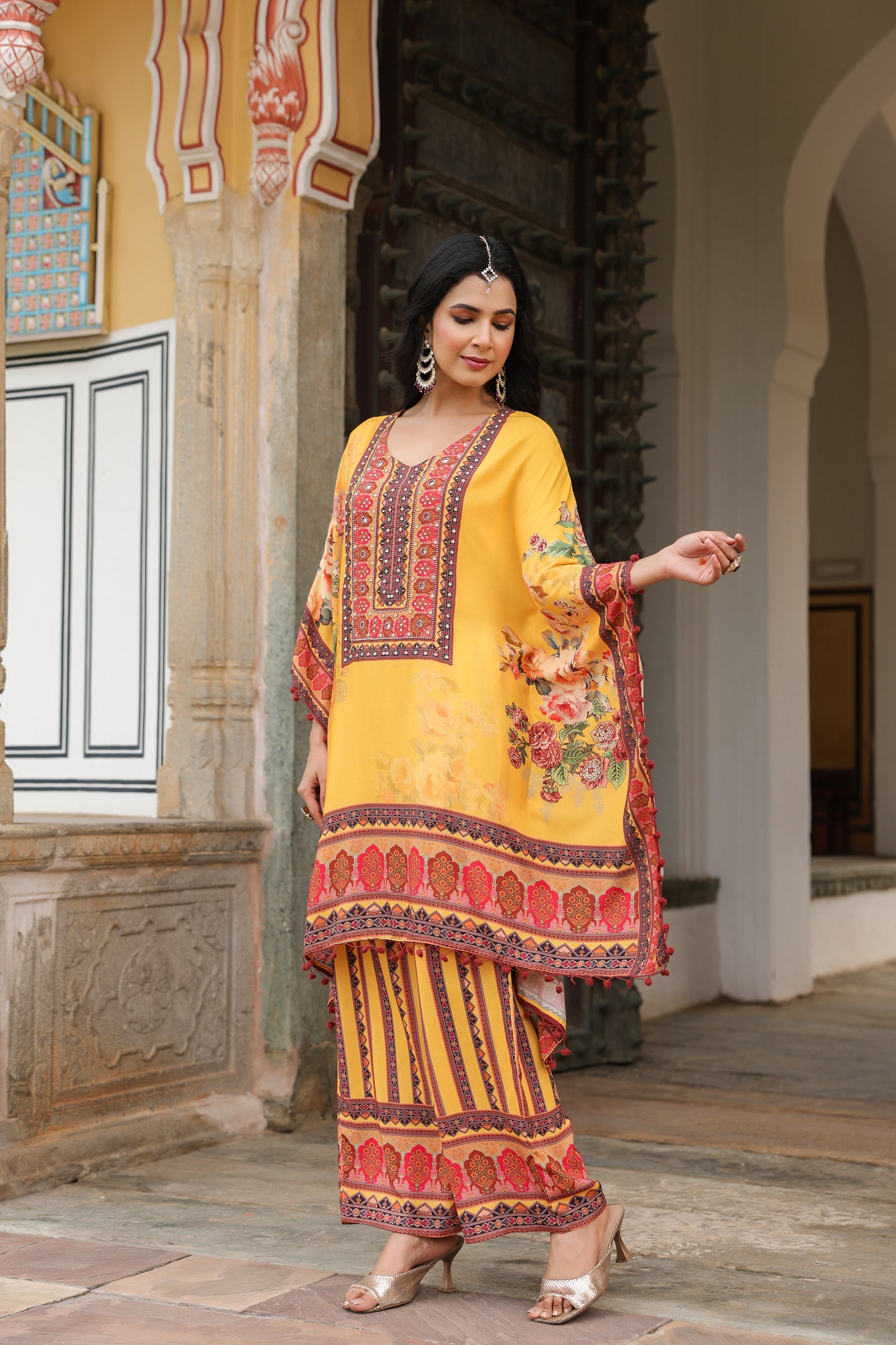 Yellow Floral Handwork Kaftan Set