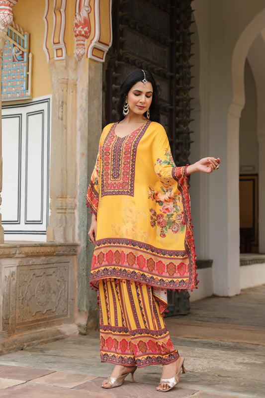Yellow Floral Handwork Kaftan Set