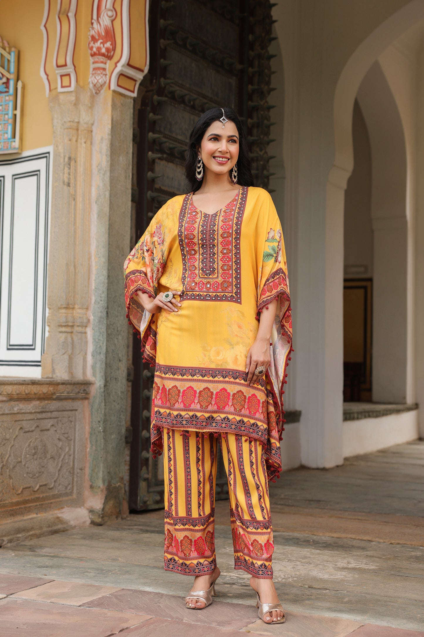 Yellow Floral Handwork Kaftan Set