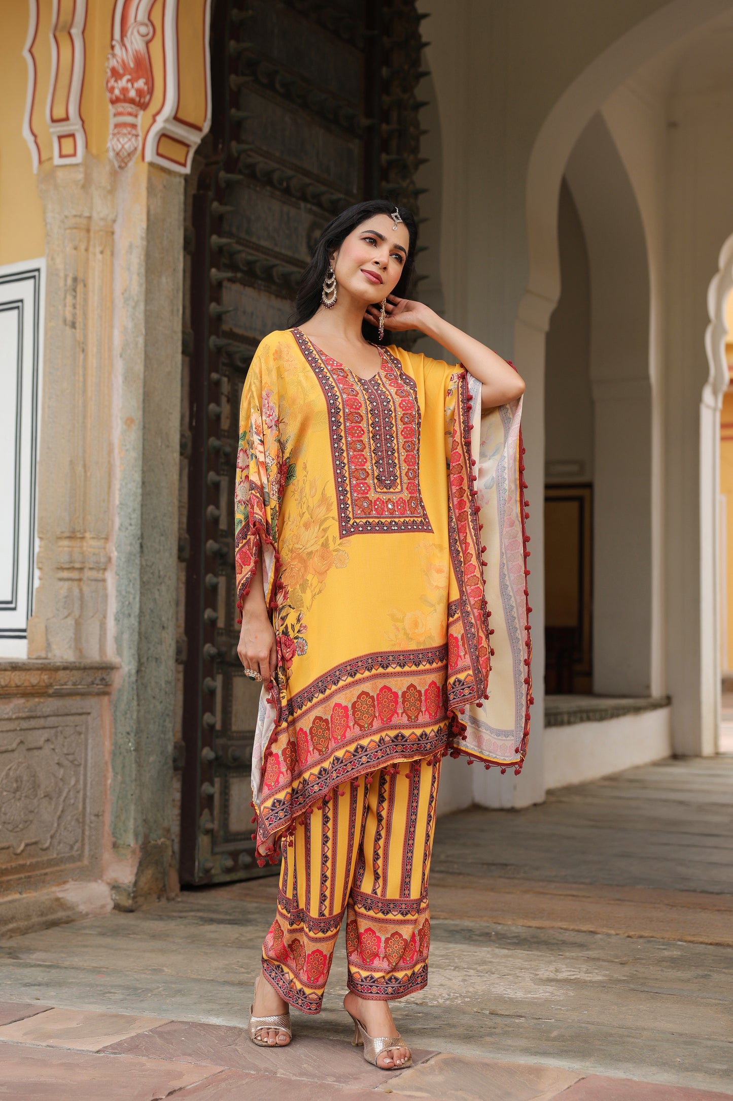 Yellow Floral Handwork Kaftan Set