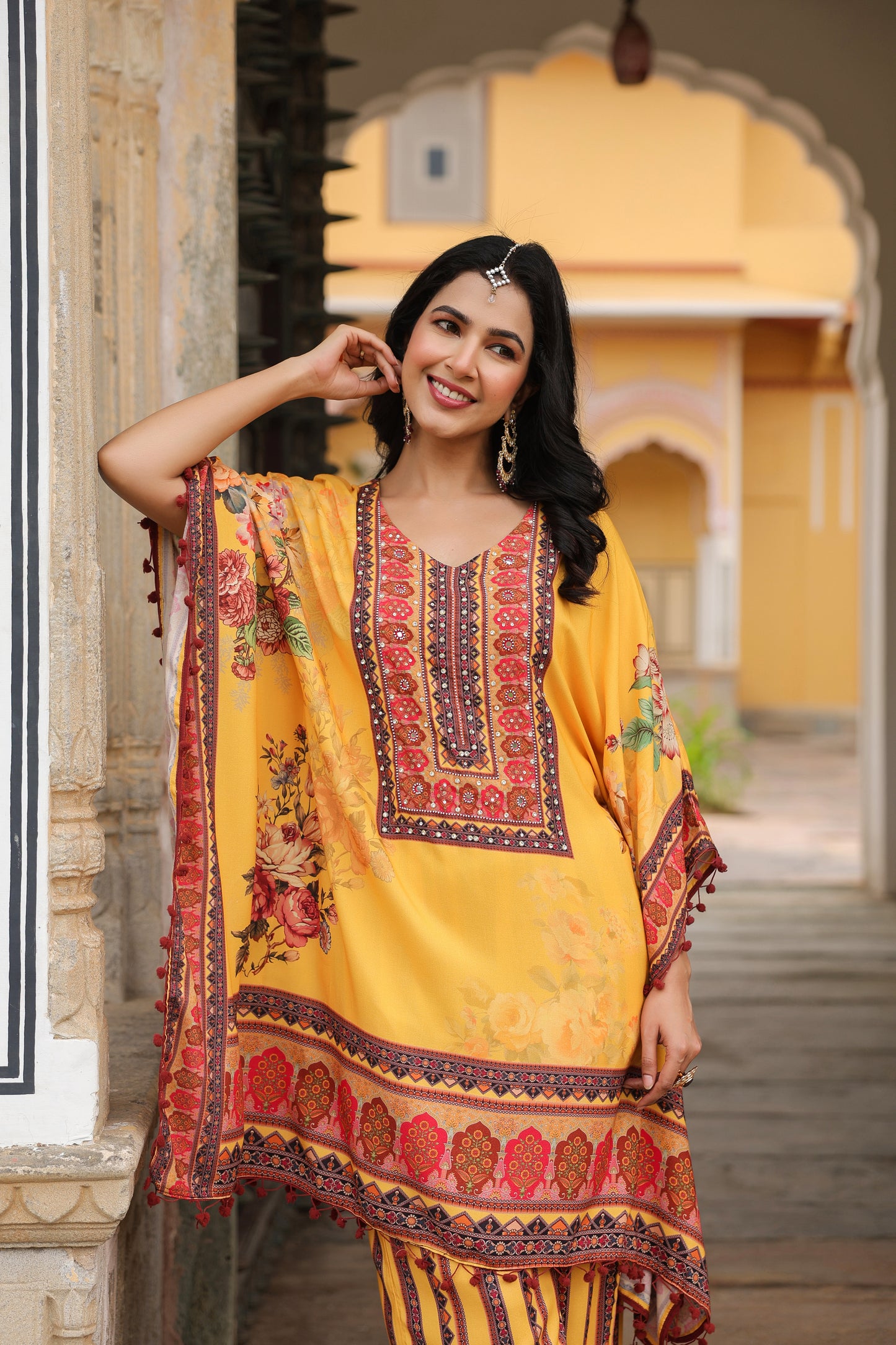 Yellow Floral Handwork Kaftan Set
