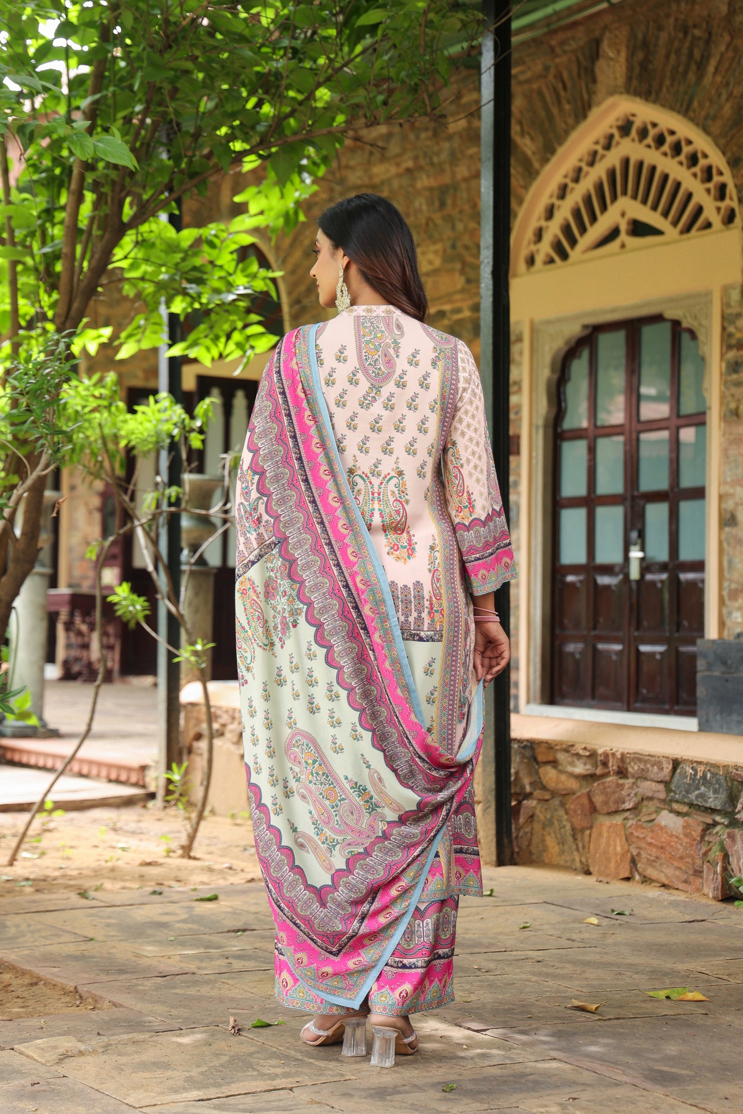 Digital Salmon Pink Handwork 3-Pcs Suit Set