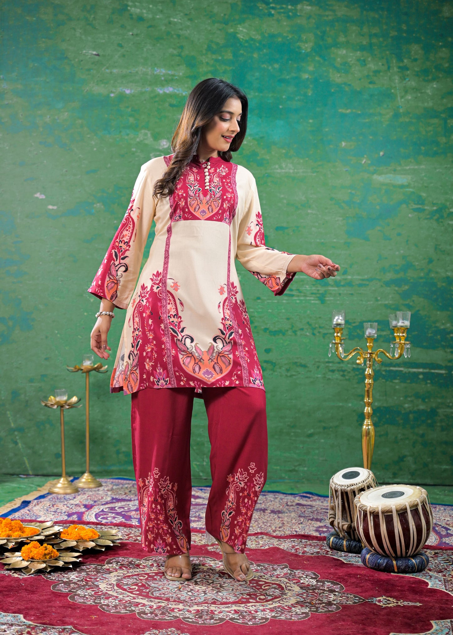 Off-White Magenta Digital Print Handwork Co-ord Set