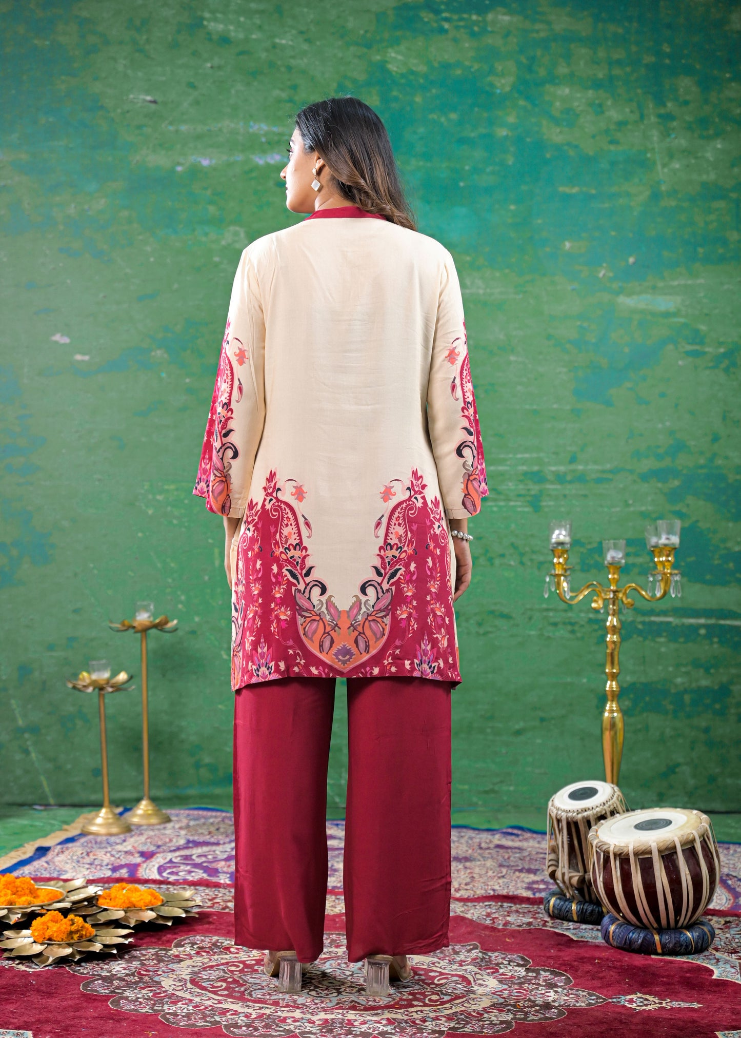 Off-White Magenta Digital Print Handwork Co-ord Set