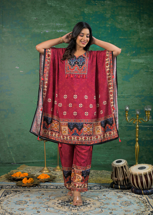 Pure Muslin Crimson Red Kaftan Set
