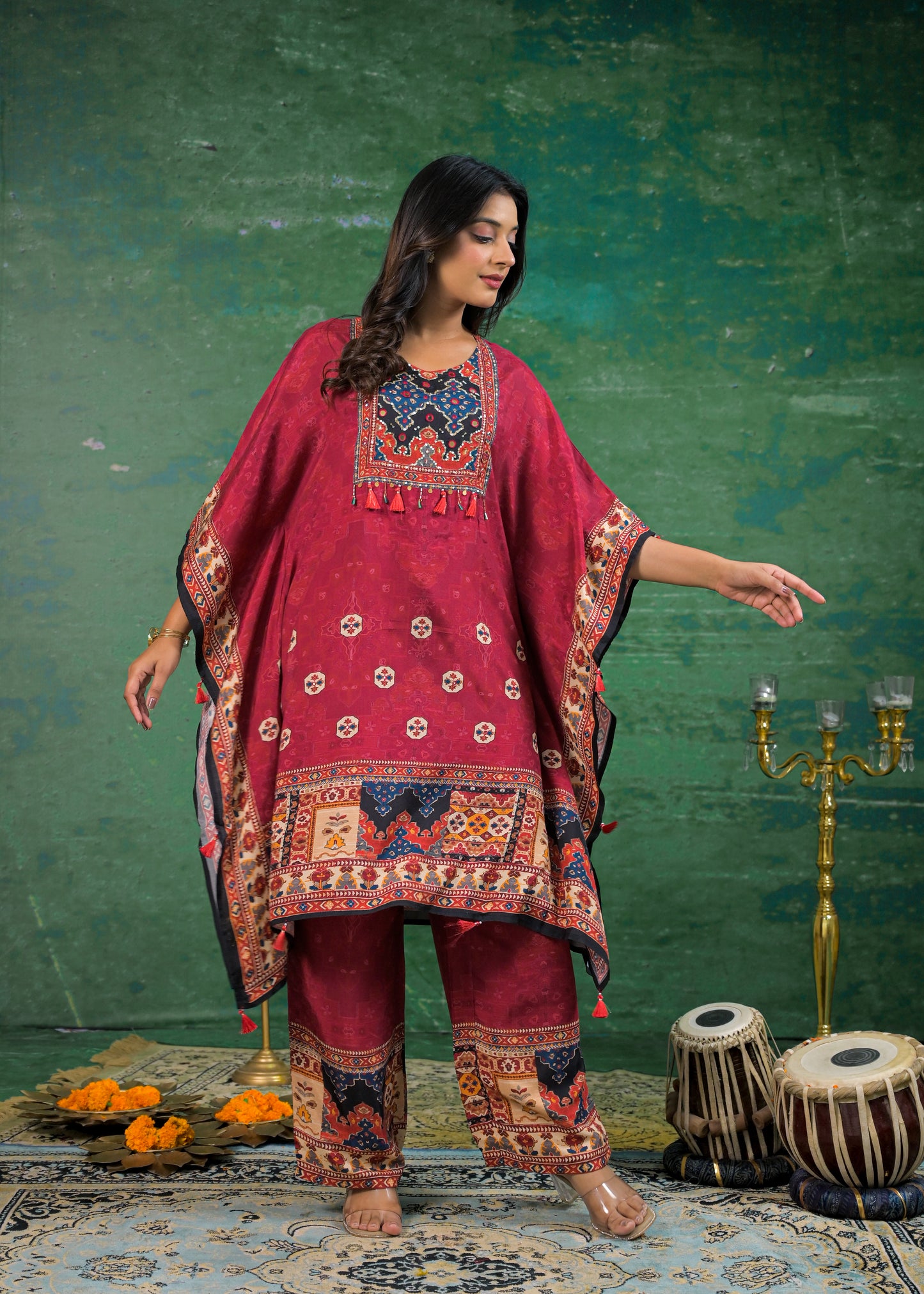 Pure Muslin Crimson Red Kaftan Set