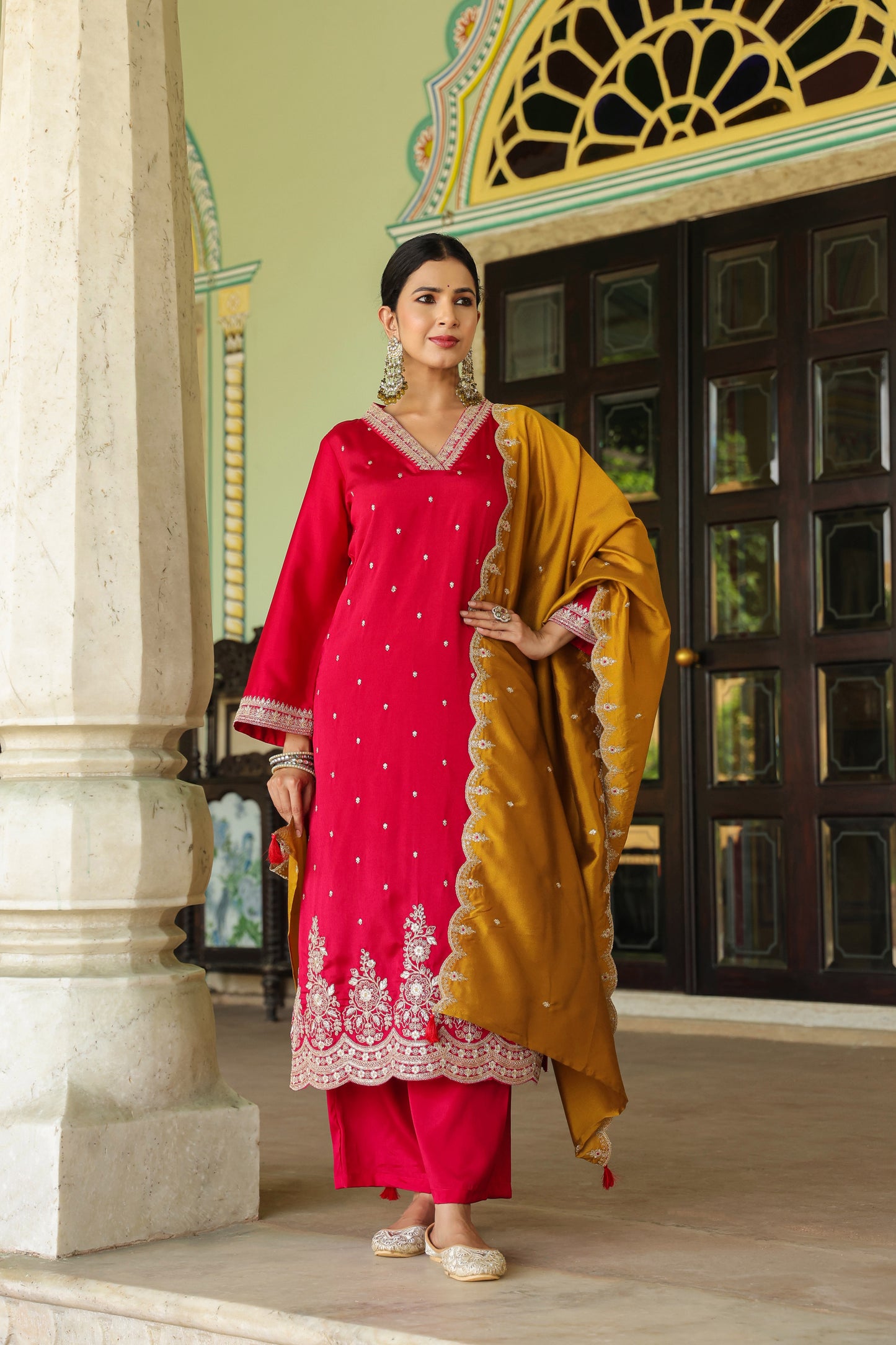 Rapido Red Contrast Dupatta 3-Pcs Suit Set