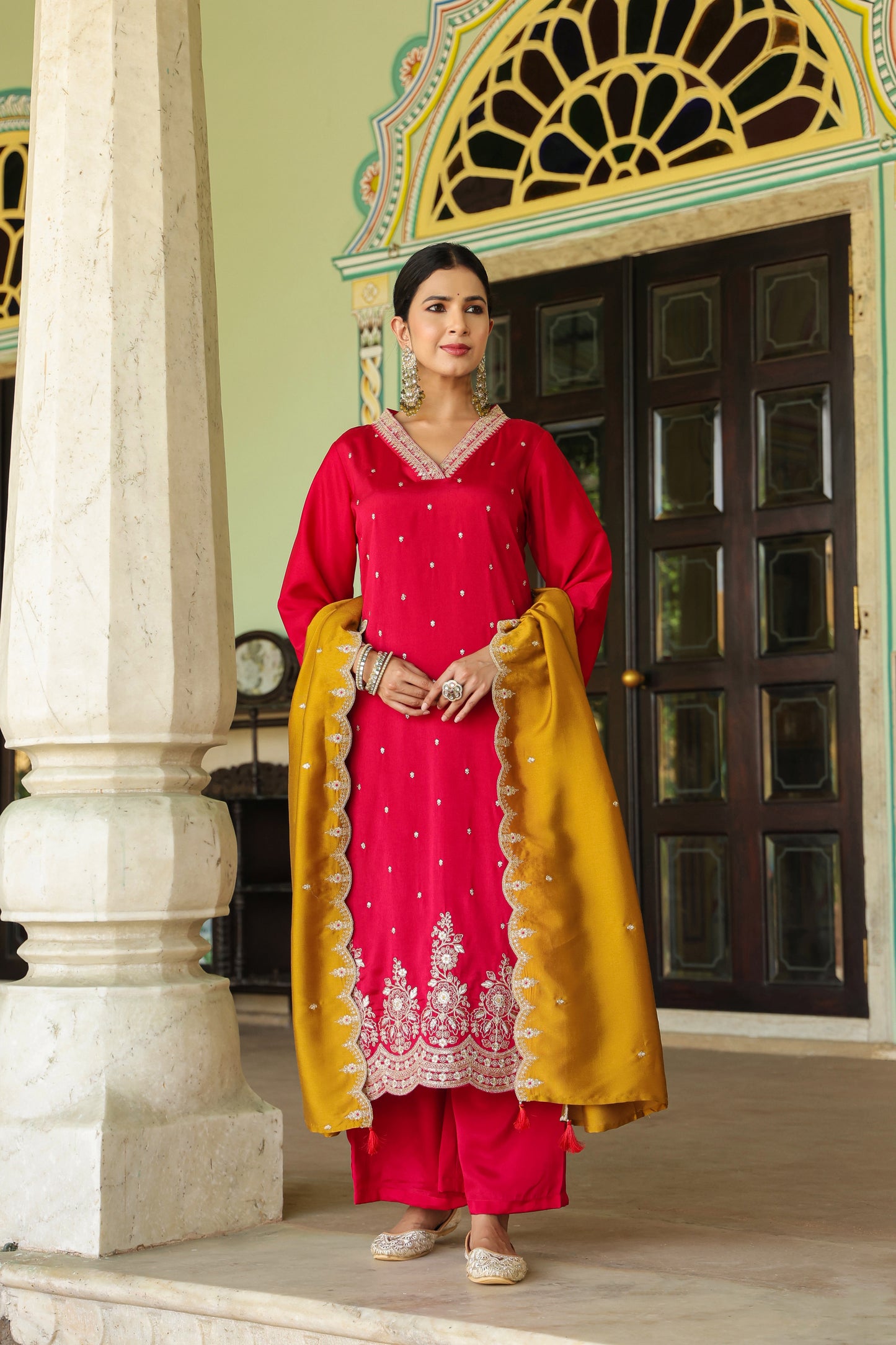 Rapido Red Contrast Dupatta 3-Pcs Suit Set