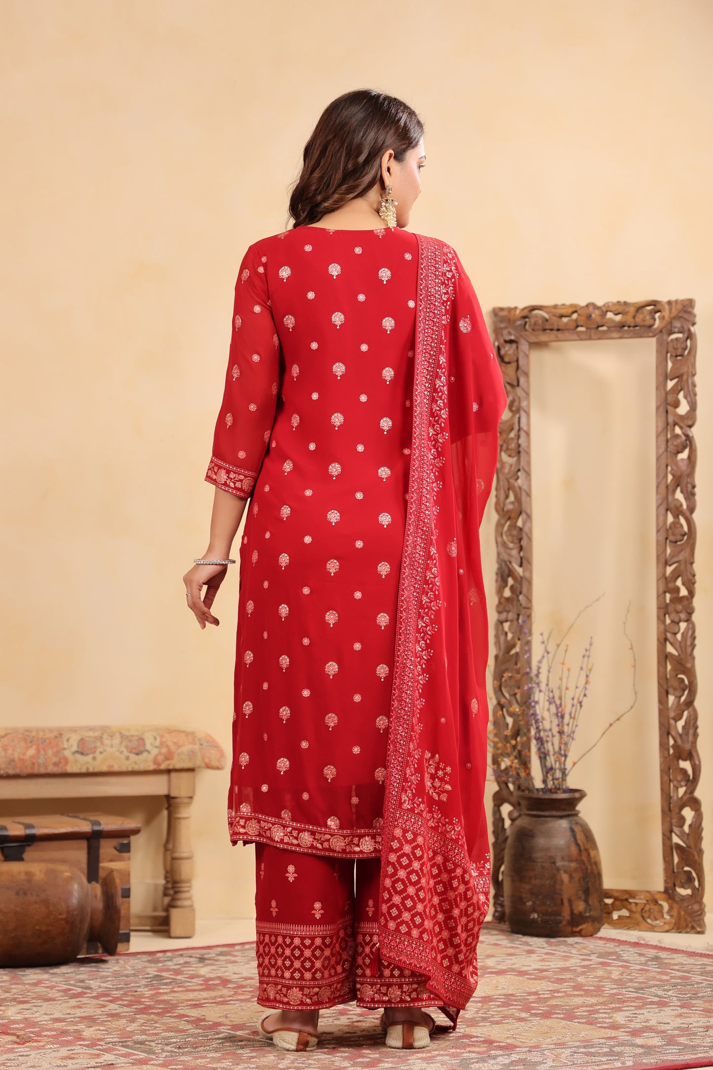 Maroon Red Georgette Handwork 3-Pcs Suit Set