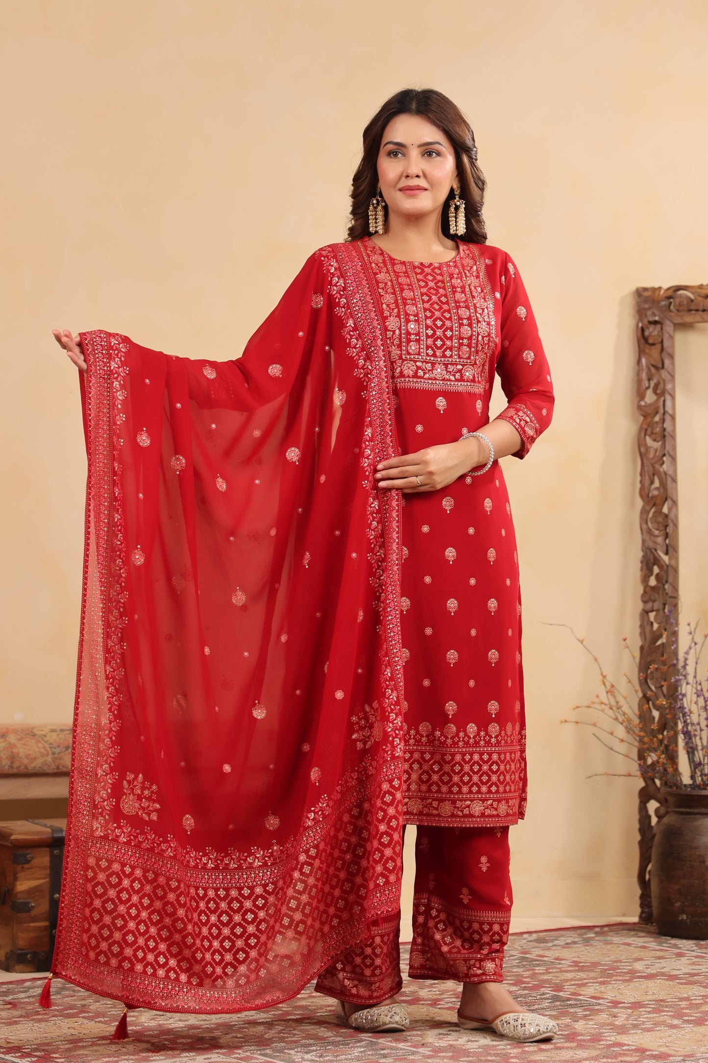 Maroon Red Georgette Handwork 3-Pcs Suit Set