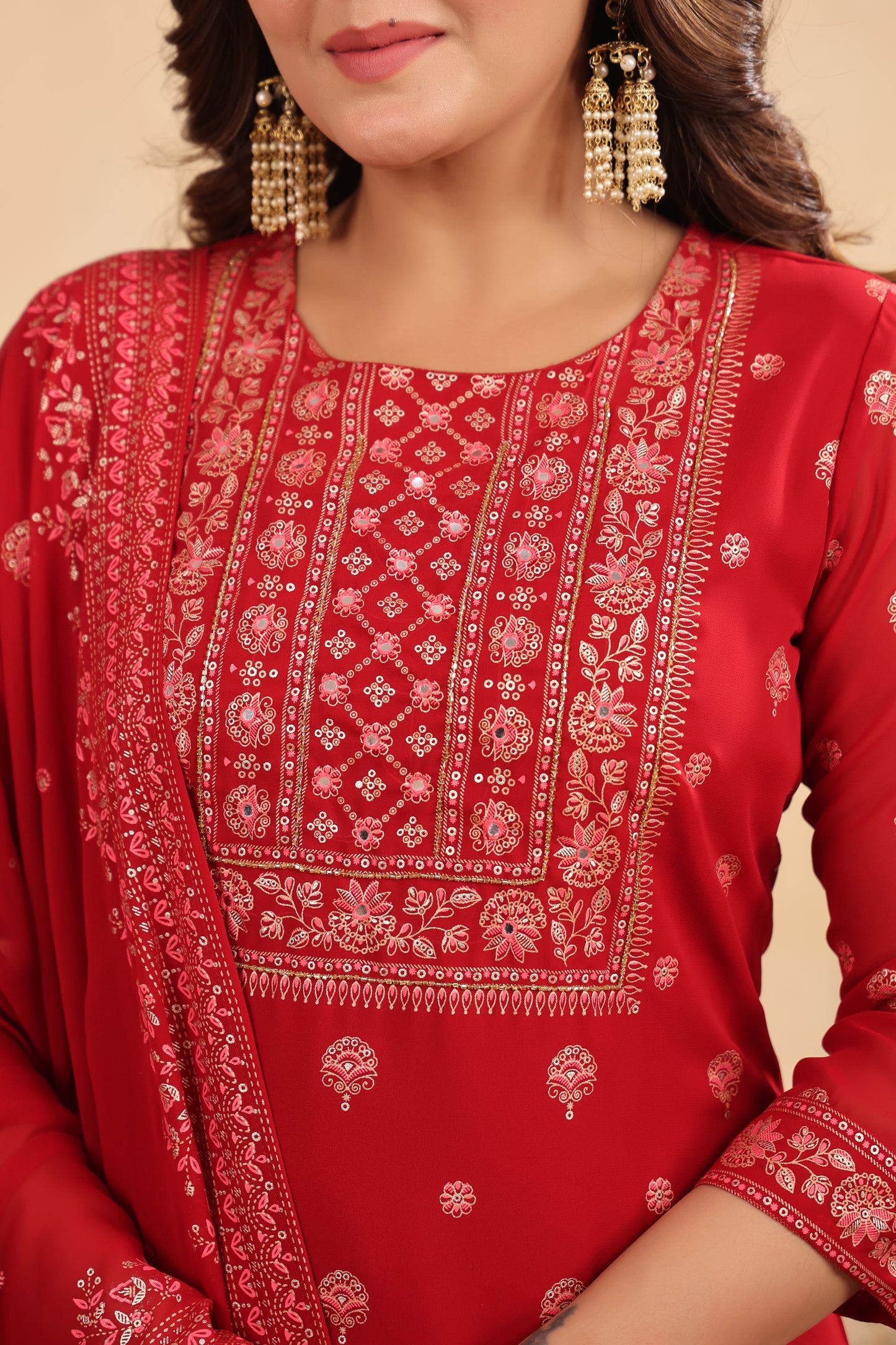 Maroon Red Georgette Handwork 3-Pcs Suit Set