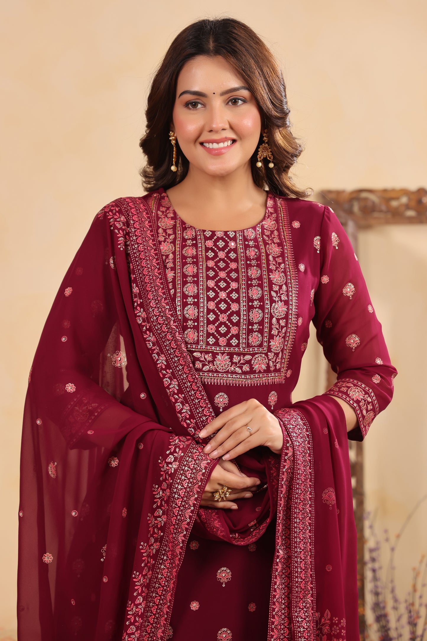 Plum Georgette Handwork 3-Pcs Suit Set