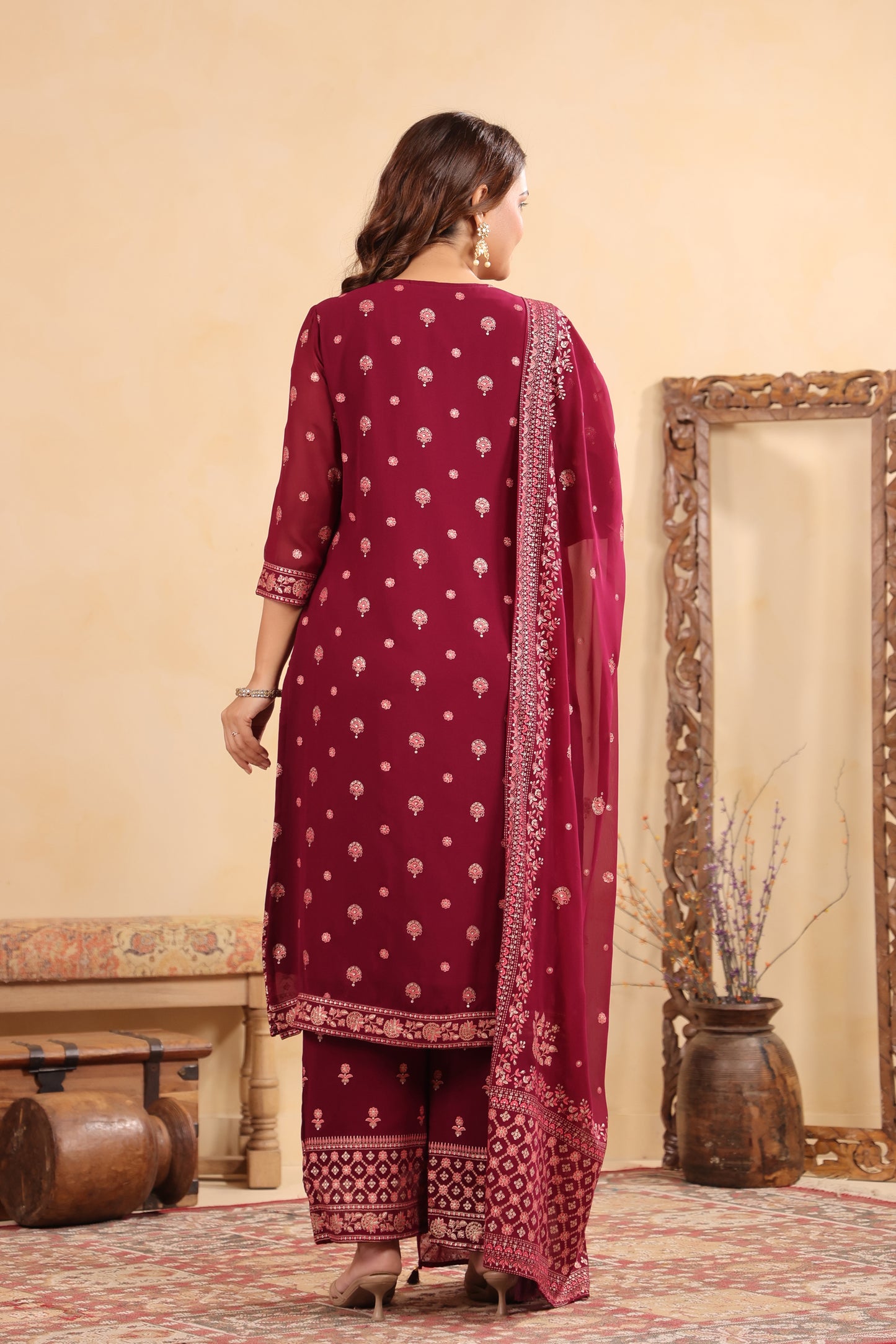 Plum Georgette Handwork 3-Pcs Suit Set