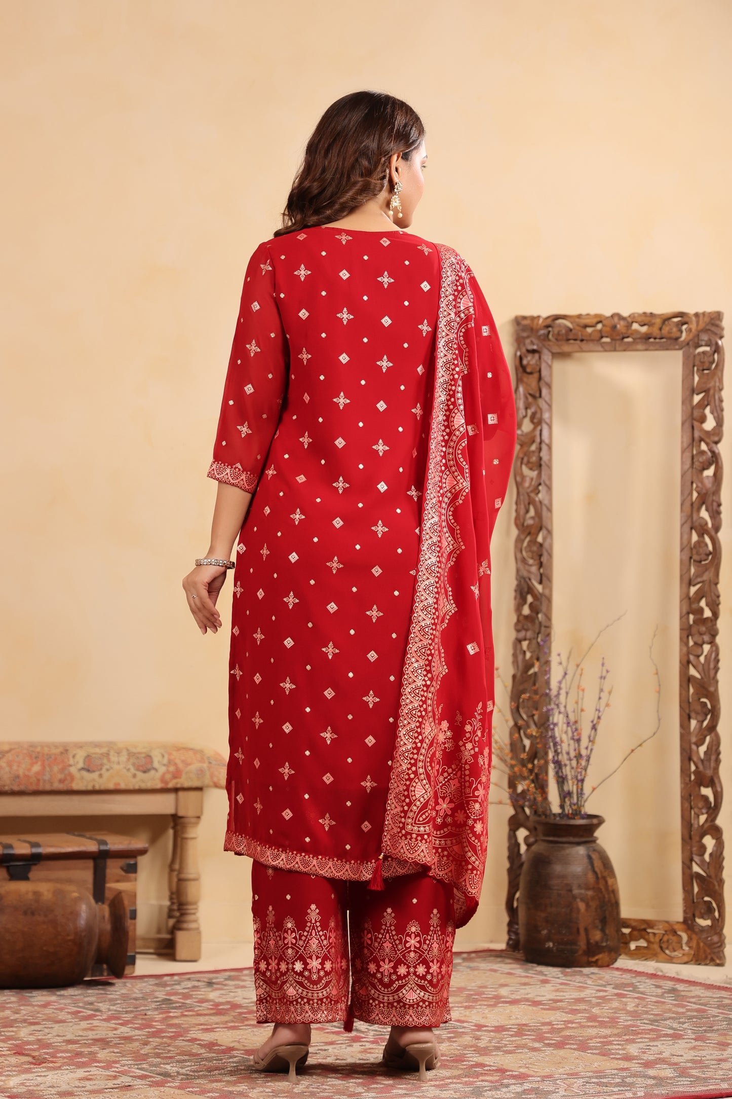 Maroon Red Georgette Handwork 3-Pcs Suit Set
