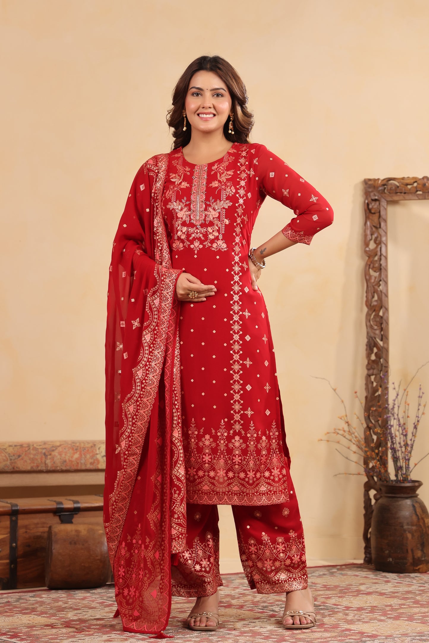 Maroon Red Georgette Handwork 3-Pcs Suit Set