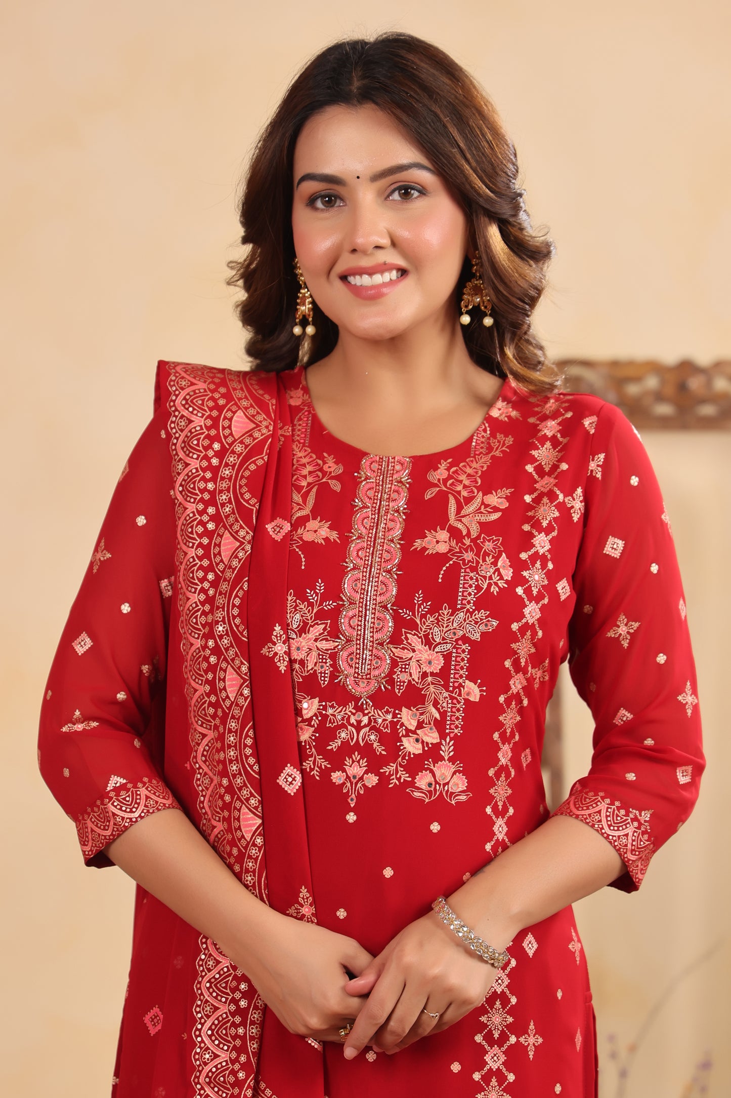 Maroon Red Georgette Handwork 3-Pcs Suit Set